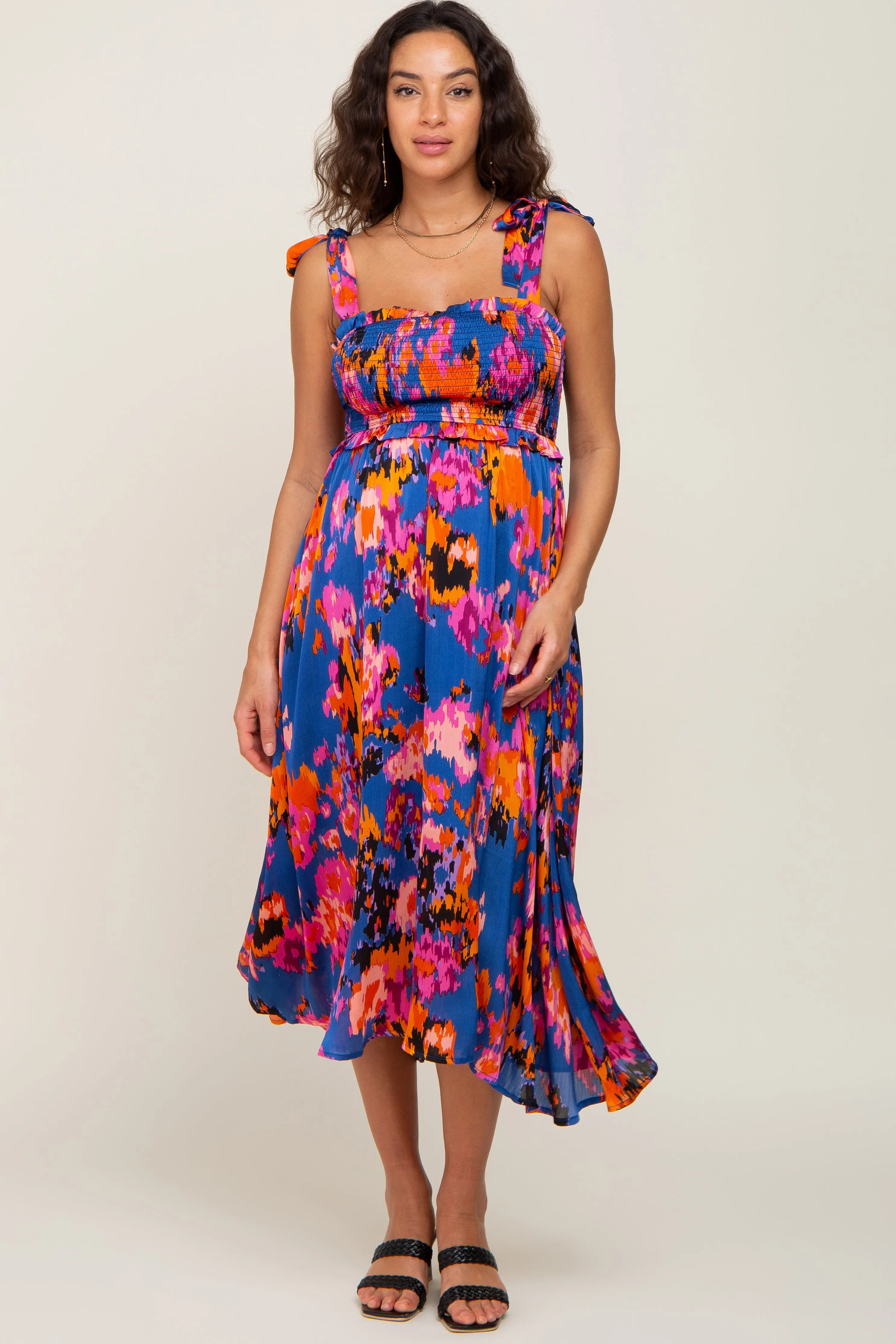 Blue Printed Satin Smocked Maternity Midi Dress sold by Pinkblush product image thumbnail 5