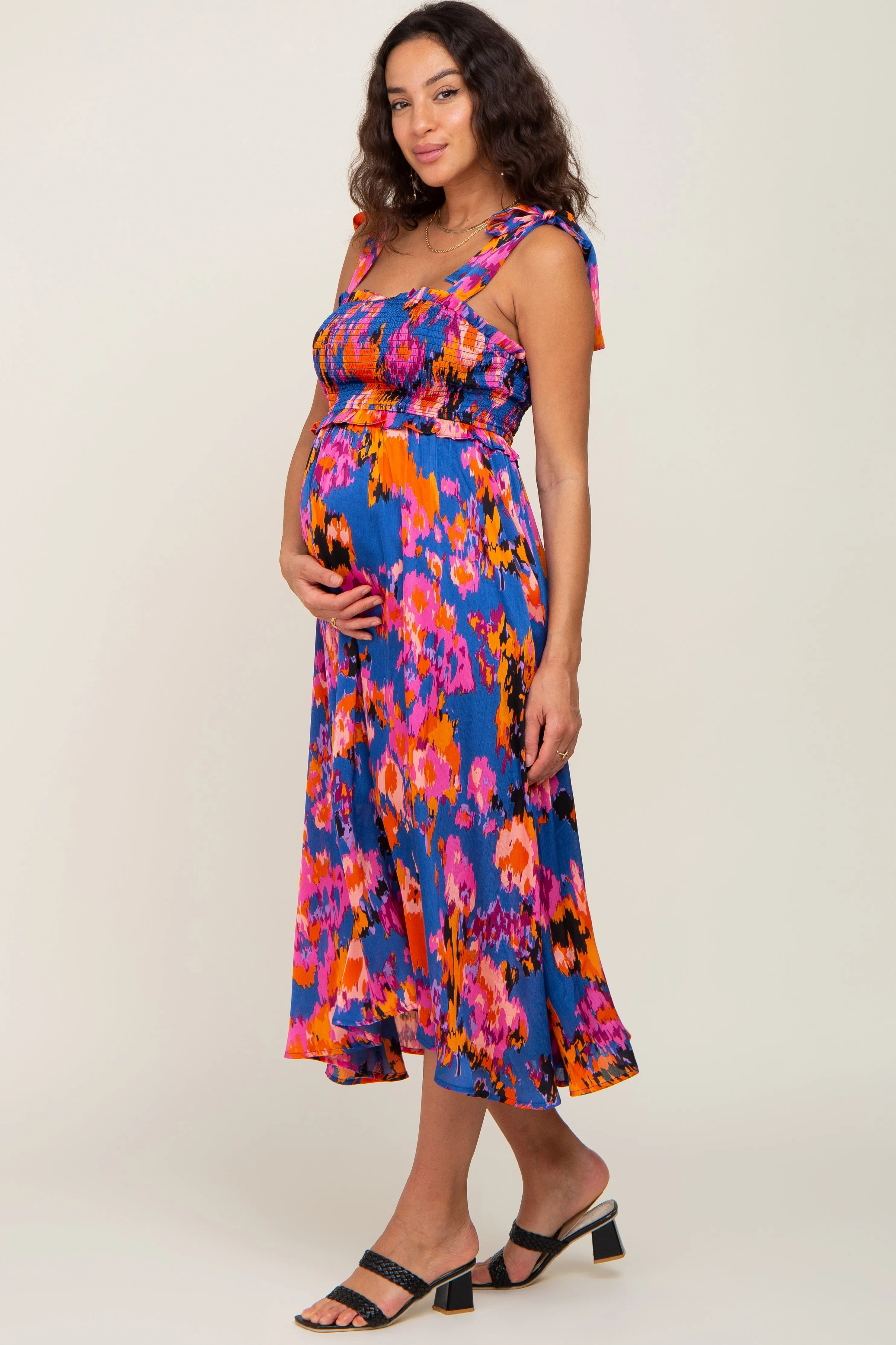 Blue Printed Satin Smocked Maternity Midi Dress sold by Pinkblush product image thumbnail 2