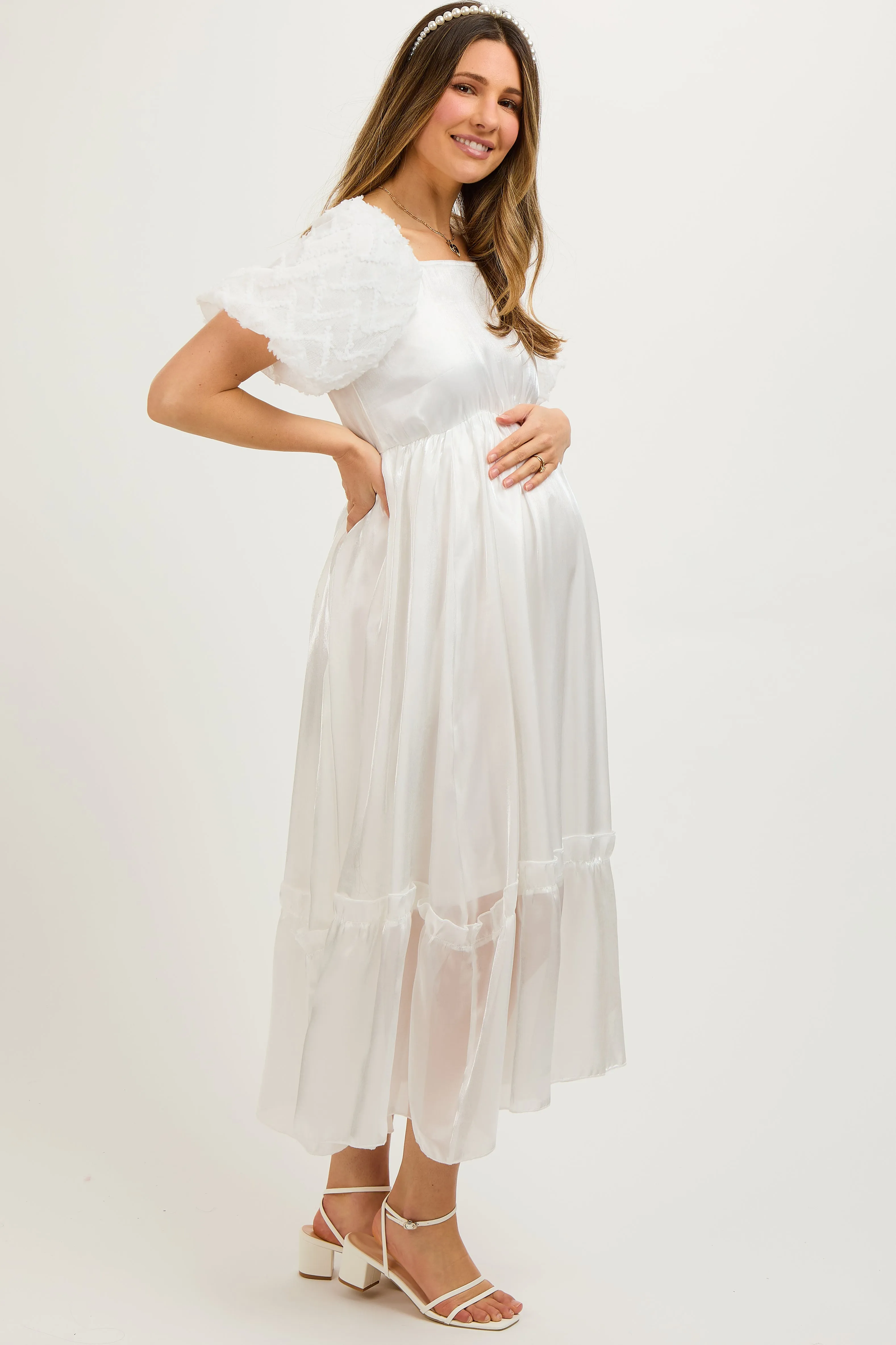 White Iridescent Textured Puff Sleeve Maternity Midi Dress sold by Pinkblush product image thumbnail 3
