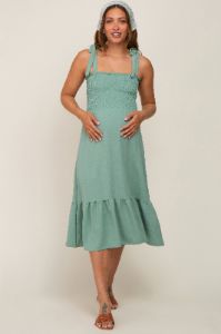 Sage Smocked Shoulder Tie Maternity Midi Dress sold by Pinkblush