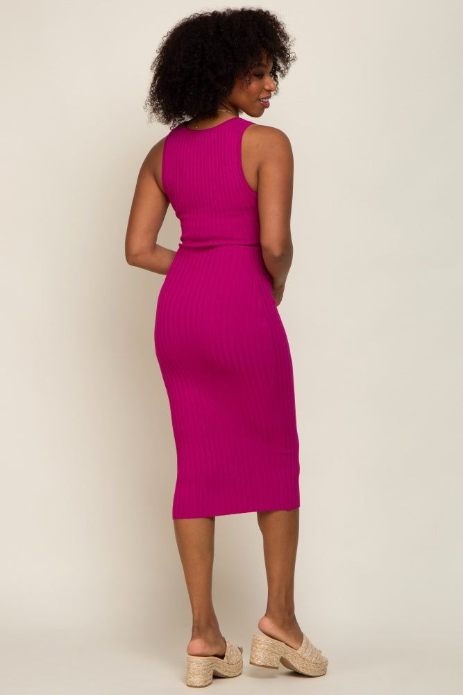 Magenta Ribbed Knit Fitted V-Neck Midi Dress sold by Pinkblush product image thumbnail 3