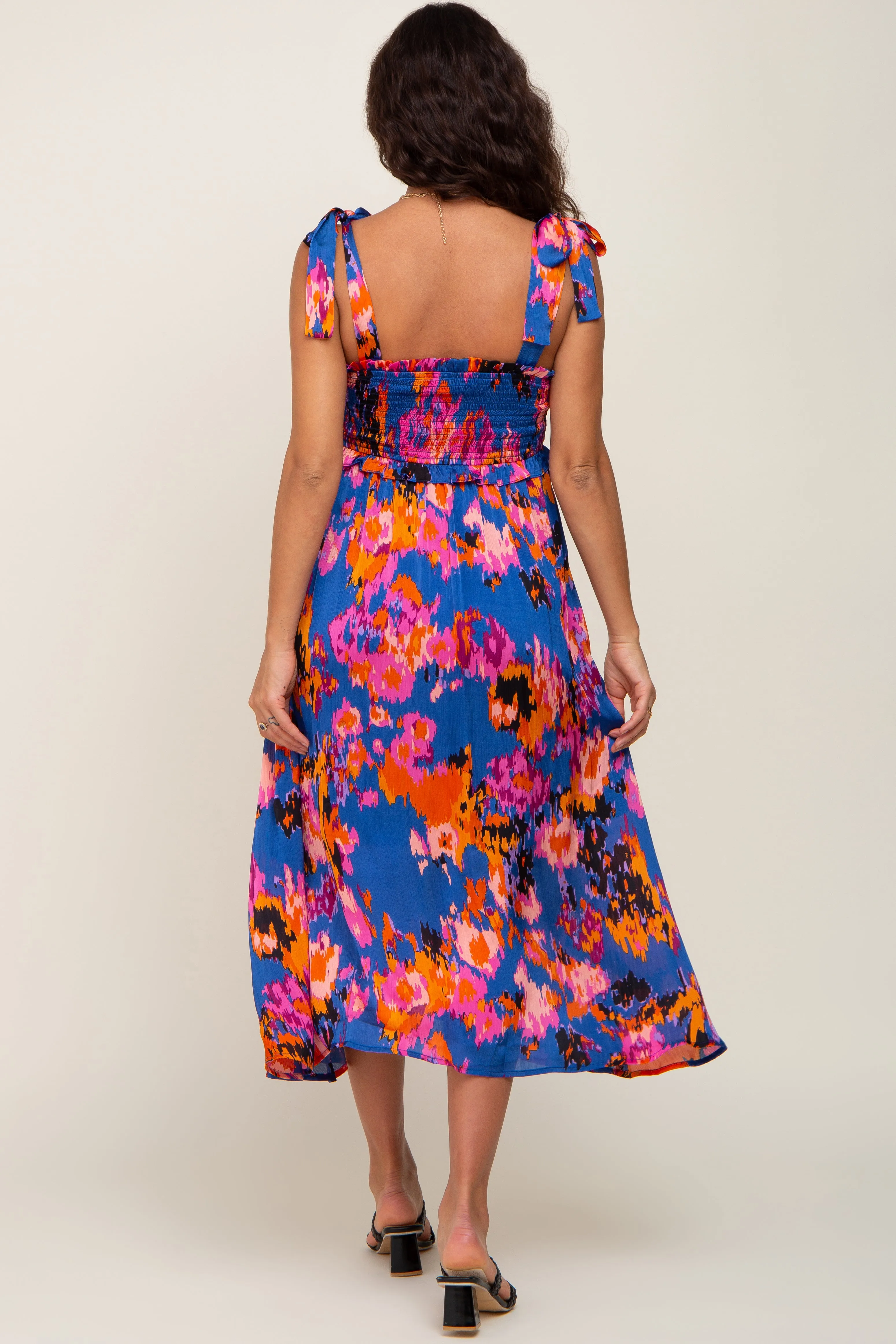 Blue Printed Satin Smocked Maternity Midi Dress sold by Pinkblush product image thumbnail 3