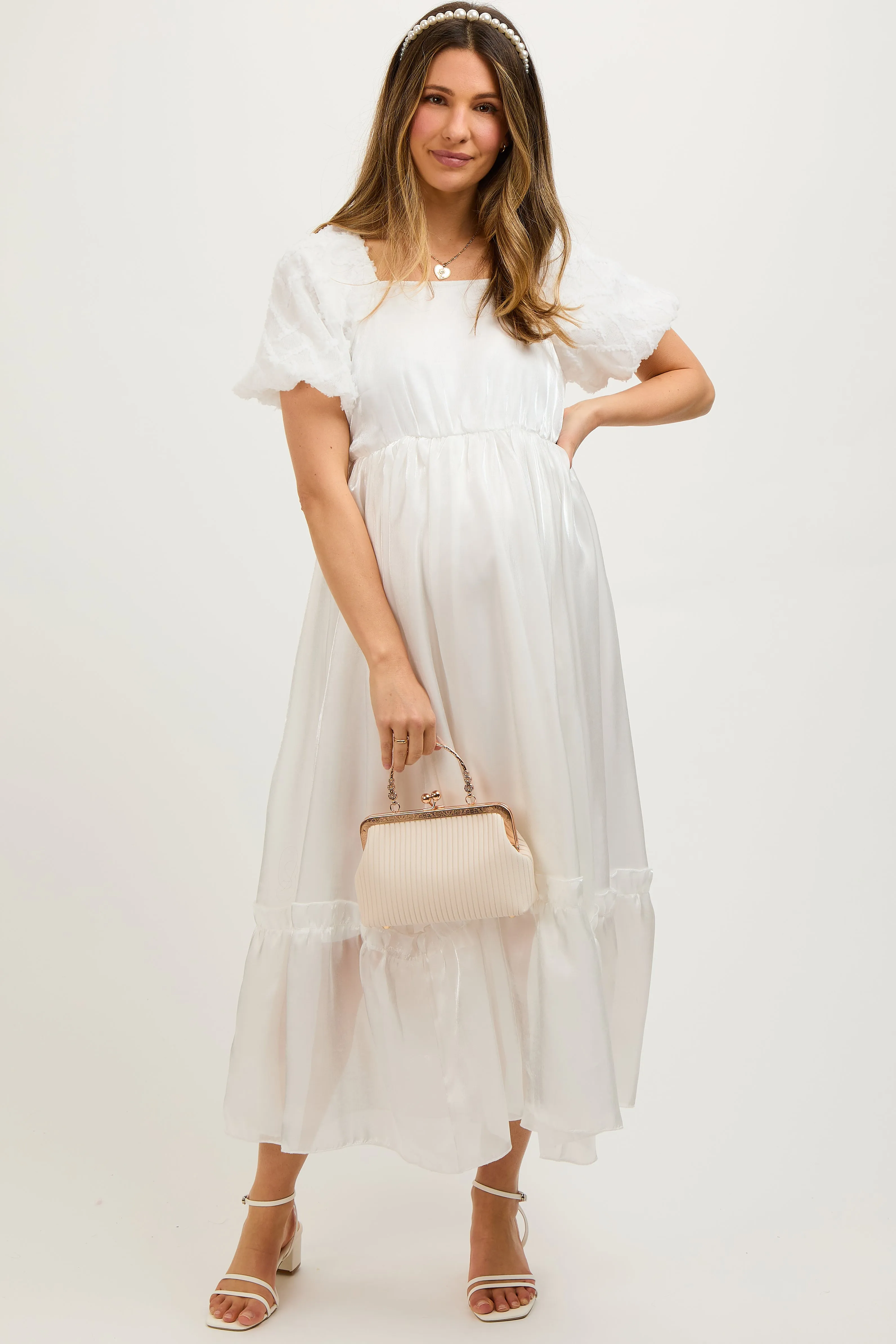 White Iridescent Textured Puff Sleeve Maternity Midi Dress sold by Pinkblush