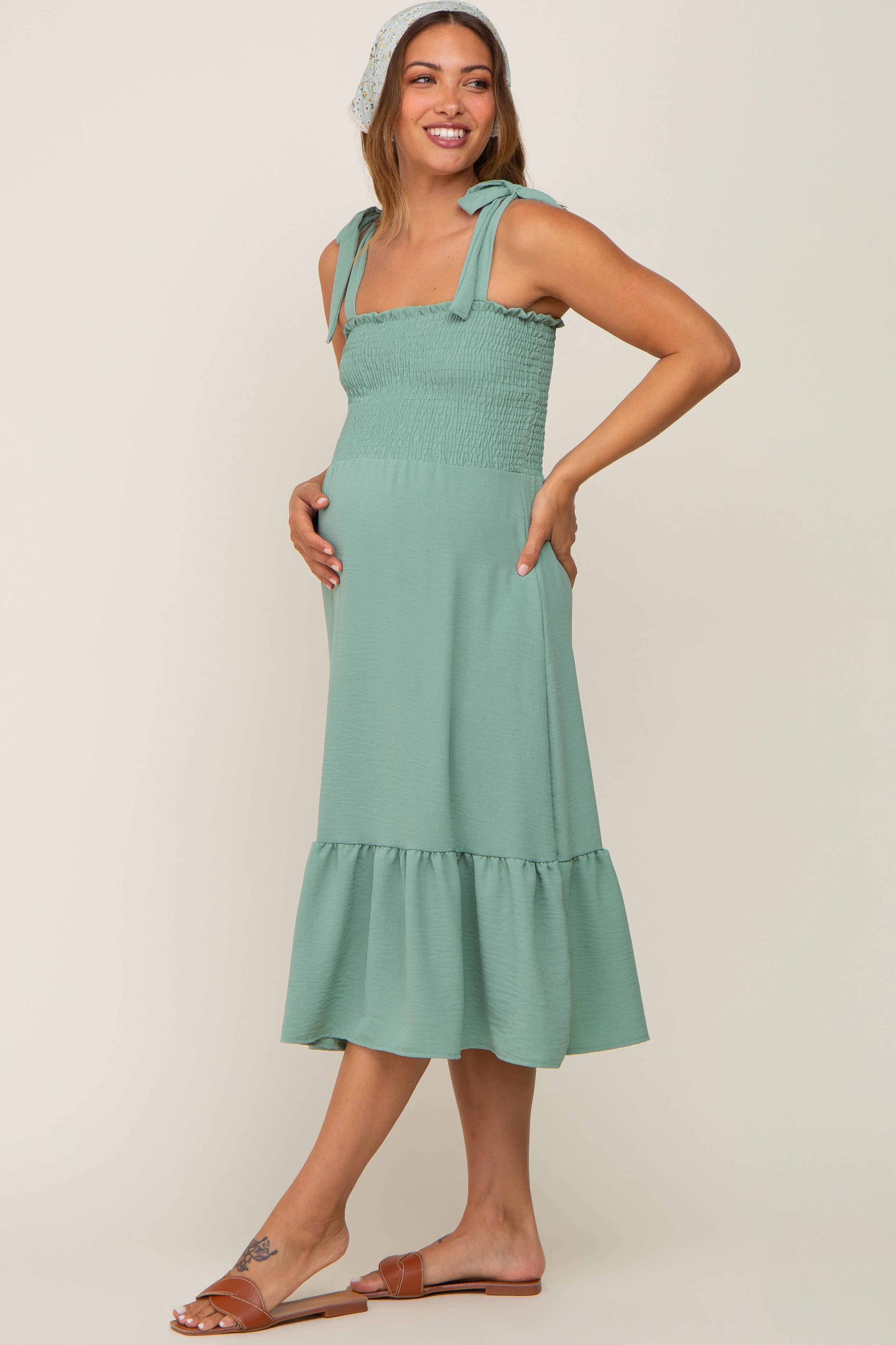 Sage Smocked Shoulder Tie Maternity Midi Dress sold by Pinkblush product image thumbnail 3