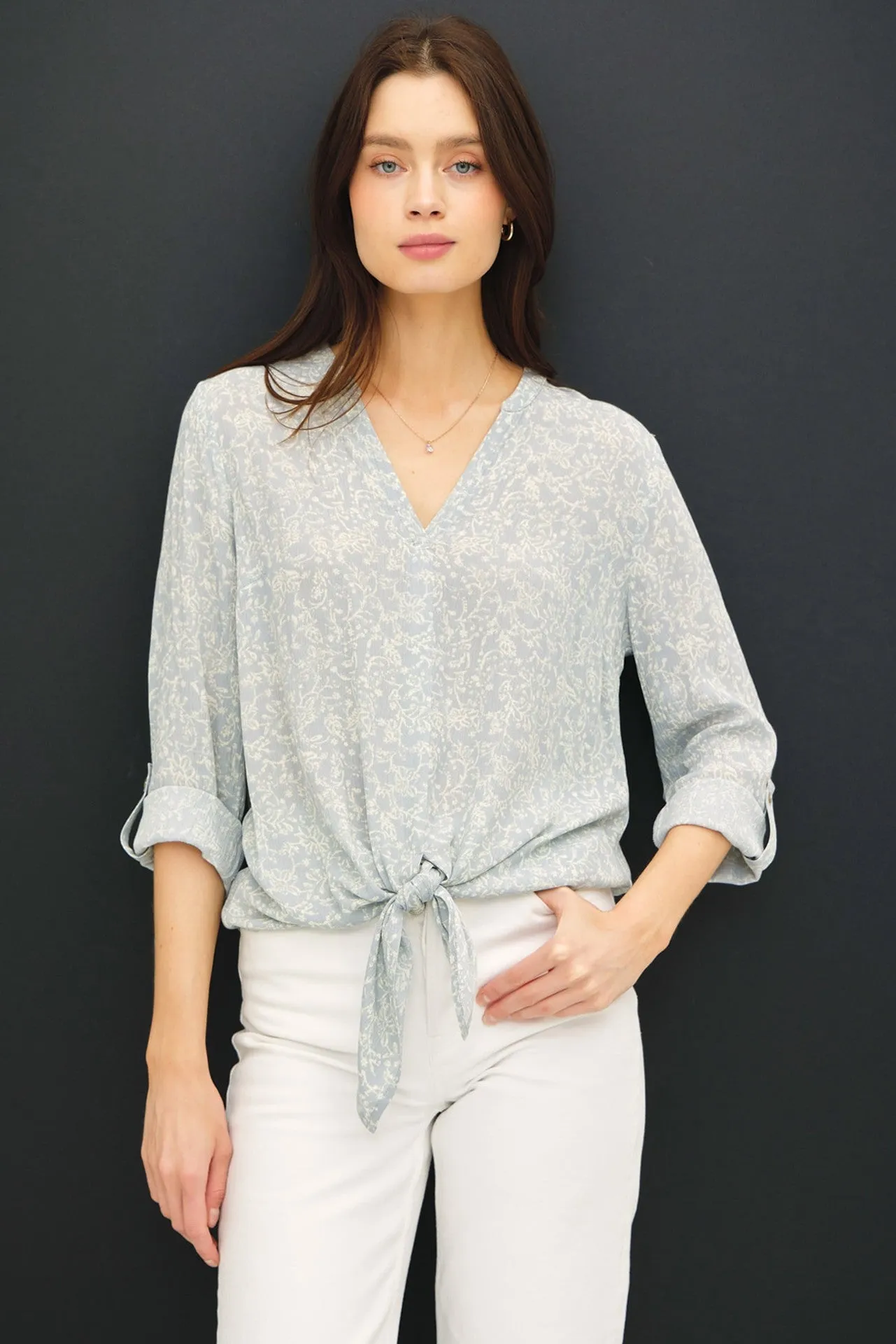 Grey V-Neck Roll Tap Long Sleeve Tie Knot Shirt sold by Pinkblush