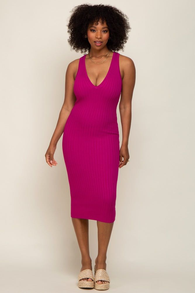 Magenta Ribbed Knit Fitted V-Neck Midi Dress sold by Pinkblush product image thumbnail 4