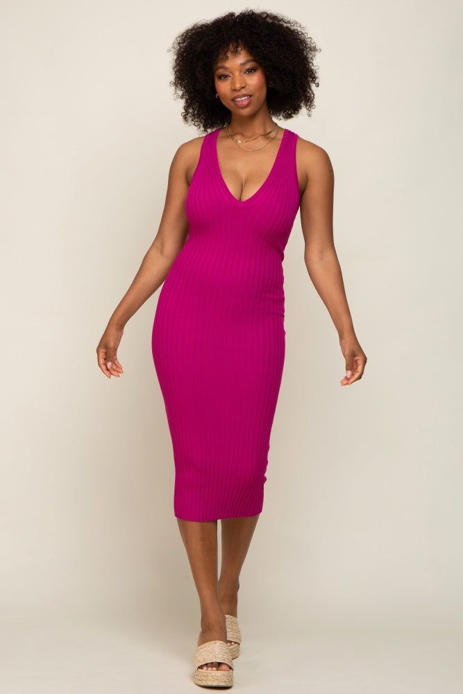Magenta Ribbed Knit Fitted V-Neck Midi Dress sold by Pinkblush