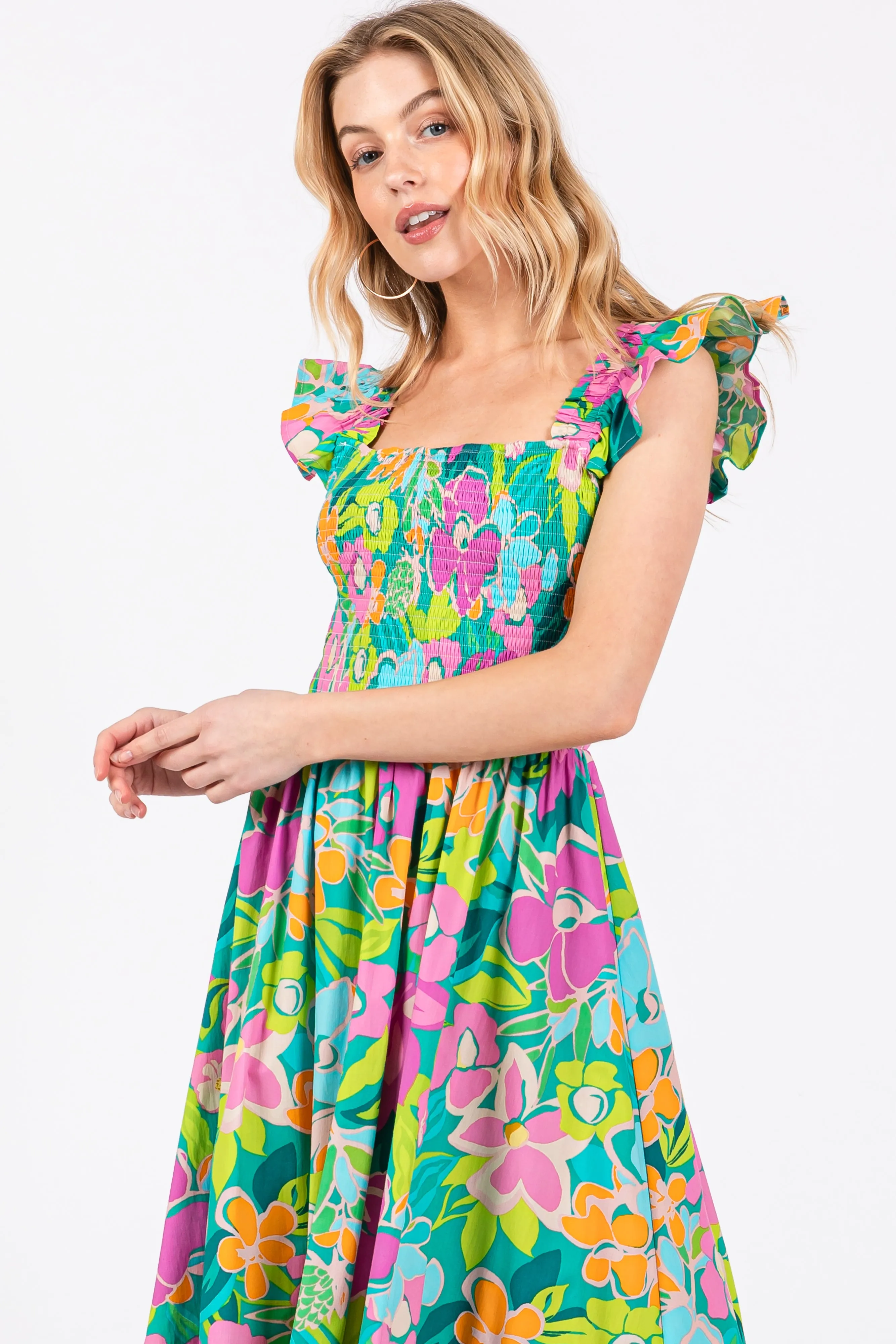 Green Floral Ruffle Shoulder Smocked Midi Dress sold by Pinkblush product image thumbnail 4