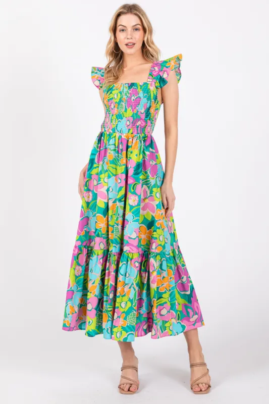 Green Floral Ruffle Shoulder Smocked Midi Dress sold by Pinkblush