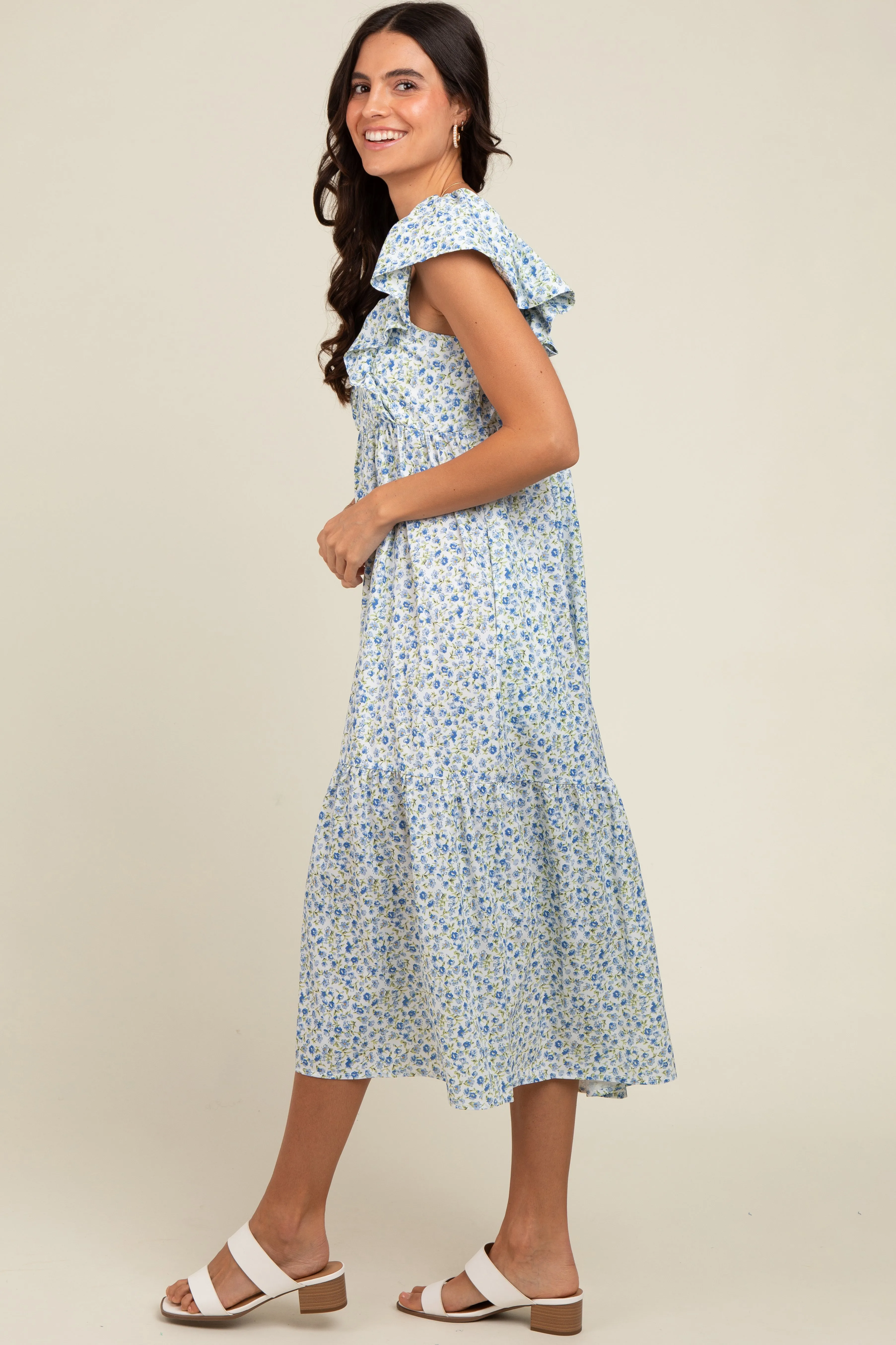 Blue Floral Ruffle Off Shoulder Midi Dress sold by Pinkblush product image thumbnail 3