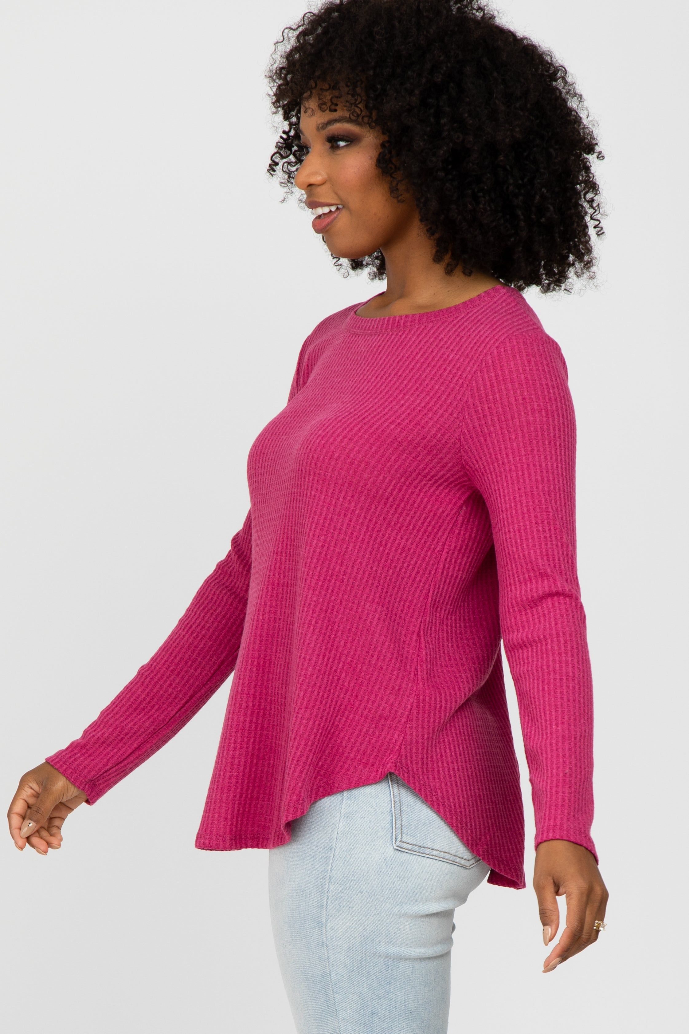 Fuchsia Basic Waffle Knit Long Sleeve Top sold by Pinkblush product image thumbnail 3