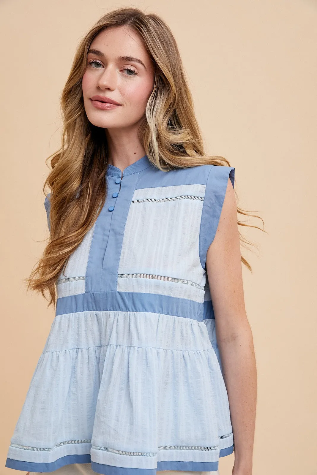 Blue Combo Contrast Trim Detail Button Front Woven Blouse Top sold by Pinkblush product image thumbnail 3