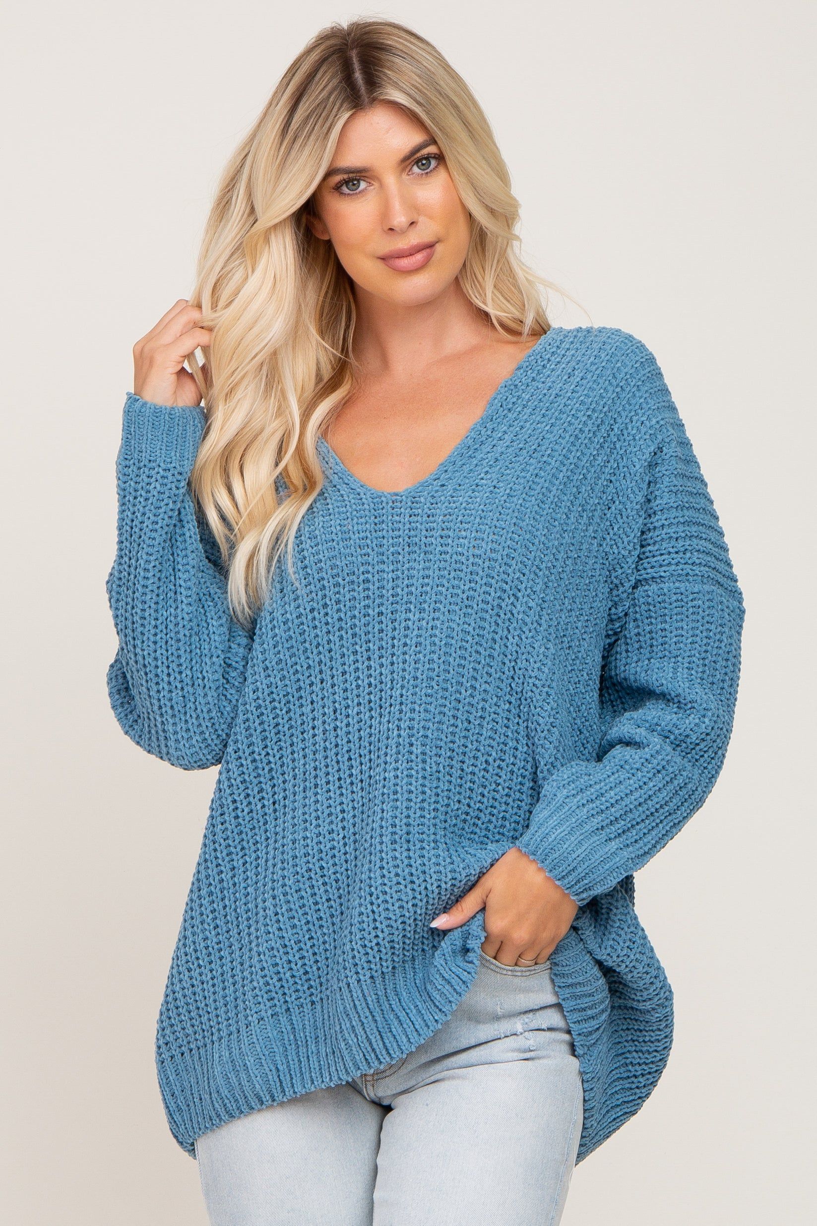 Blue Soft Knit V-Neck Sweater sold by Pinkblush