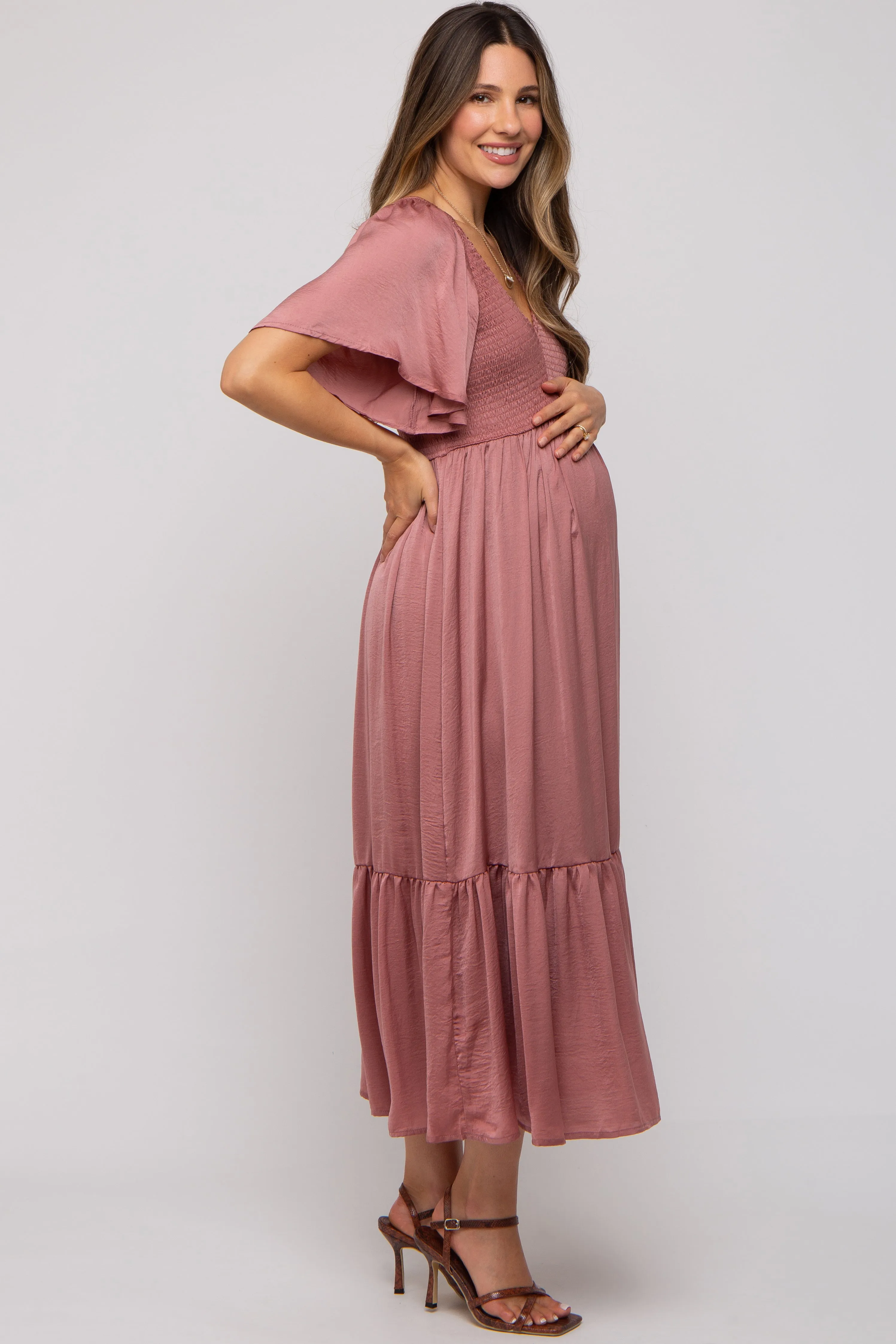 Pink Satin Smocked Maternity Midi Dress sold by Pinkblush product image thumbnail 2