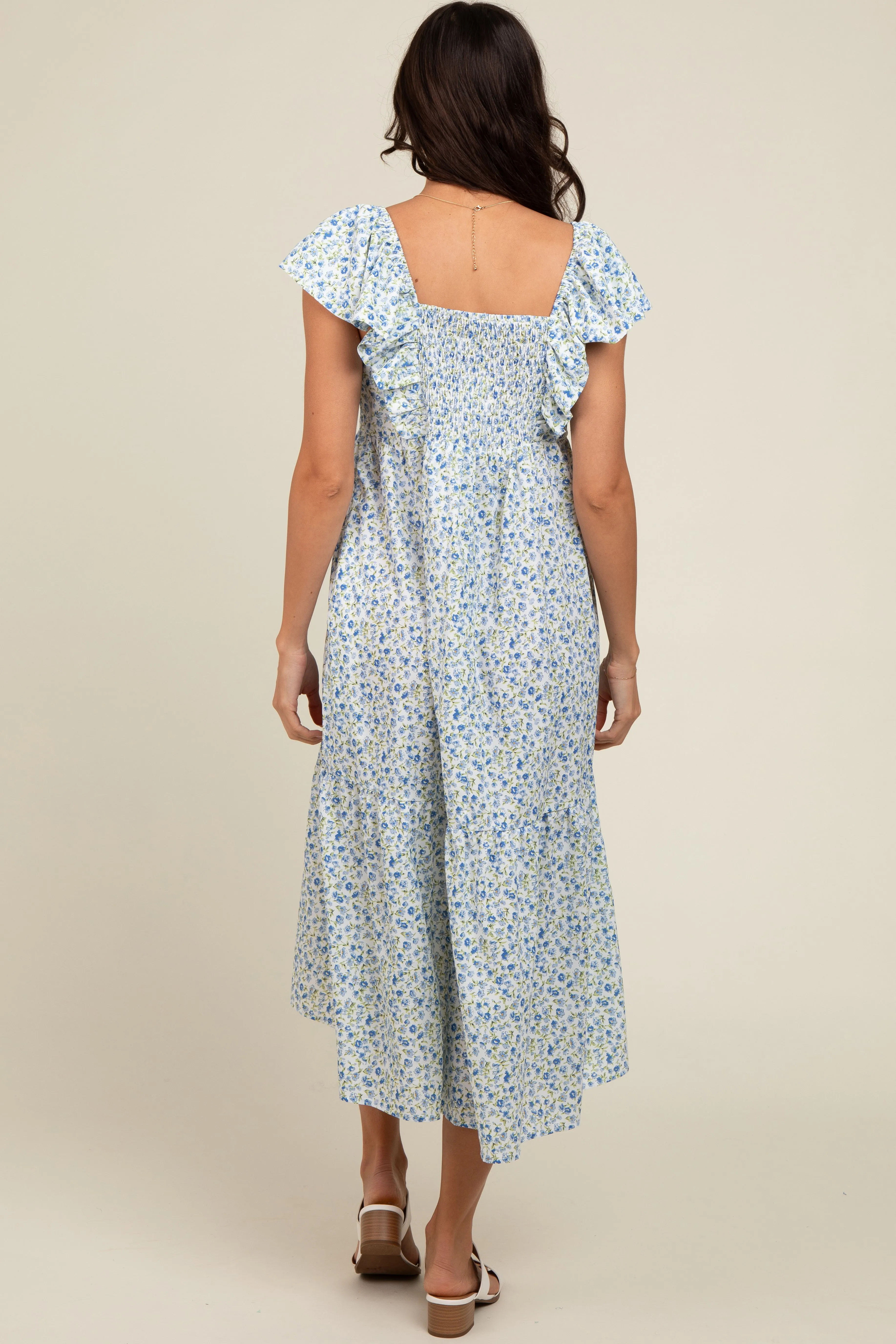 Blue Floral Ruffle Off Shoulder Midi Dress sold by Pinkblush product image thumbnail 4