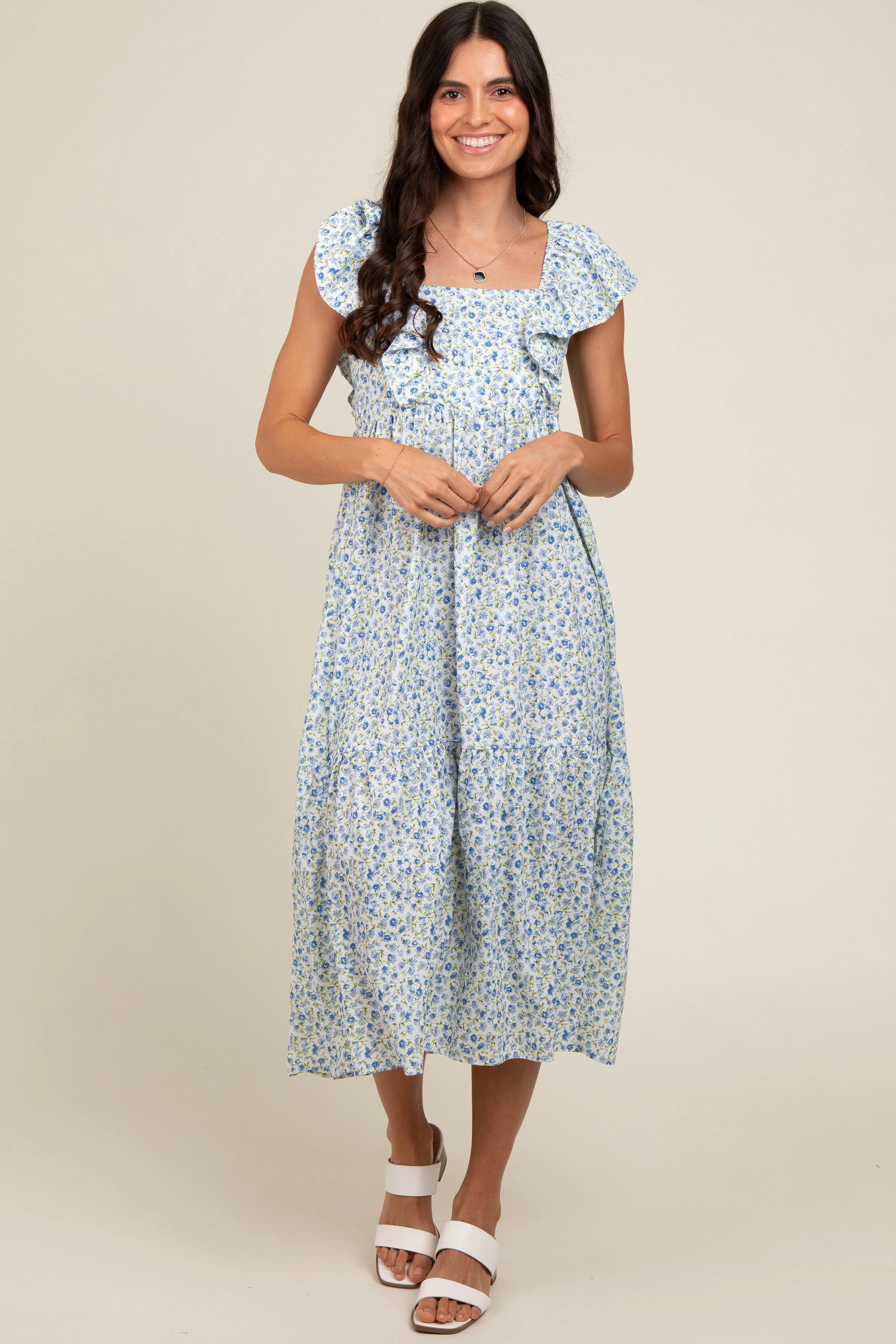 Blue Floral Ruffle Off Shoulder Midi Dress sold by Pinkblush