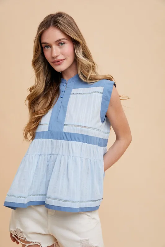 Blue Combo Contrast Trim Detail Button Front Woven Blouse Top sold by Pinkblush