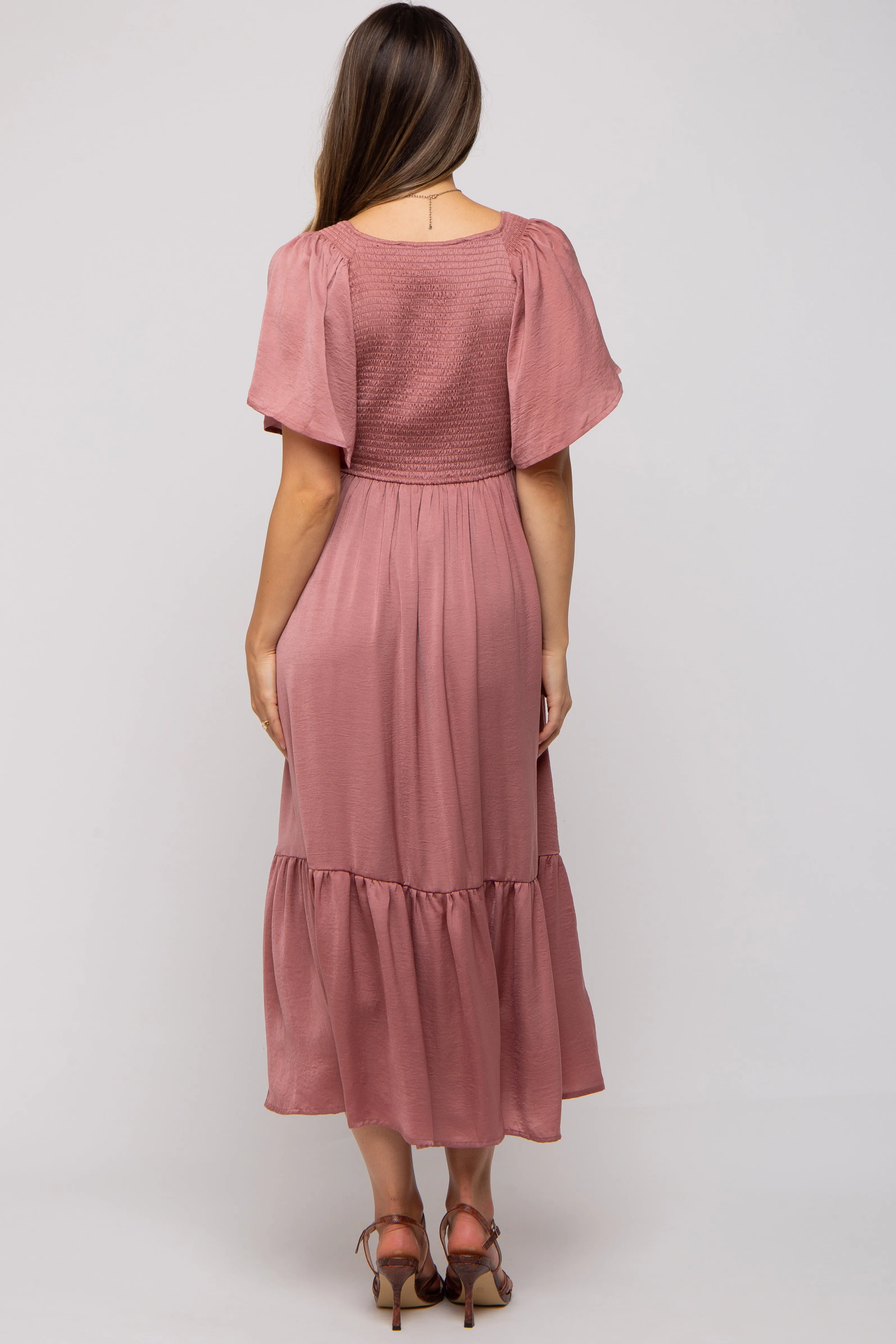 Pink Satin Smocked Maternity Midi Dress sold by Pinkblush product image thumbnail 3