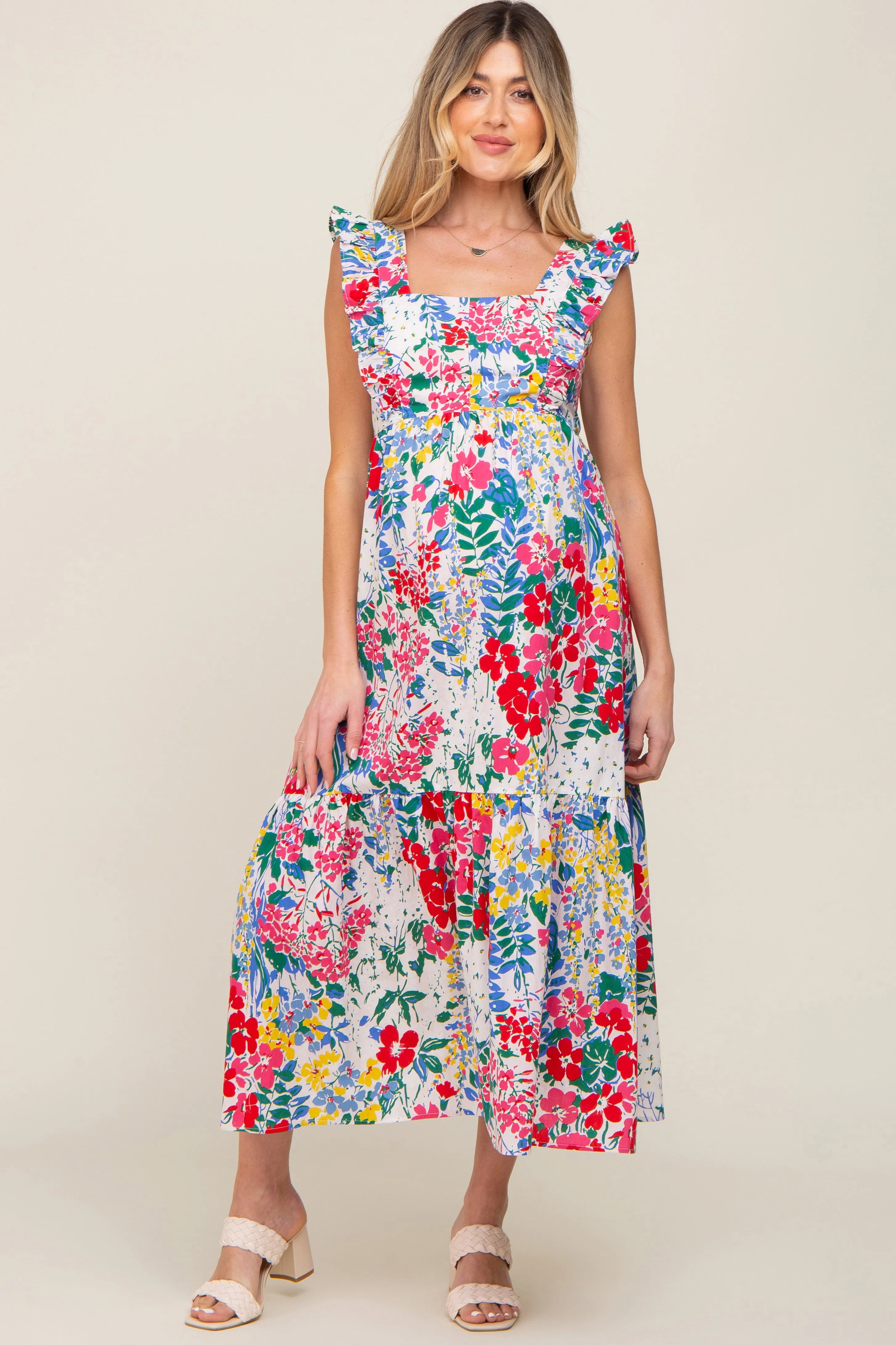 Multicolor Floral Ruffle Accent Maternity Maxi Dress sold by Pinkblush