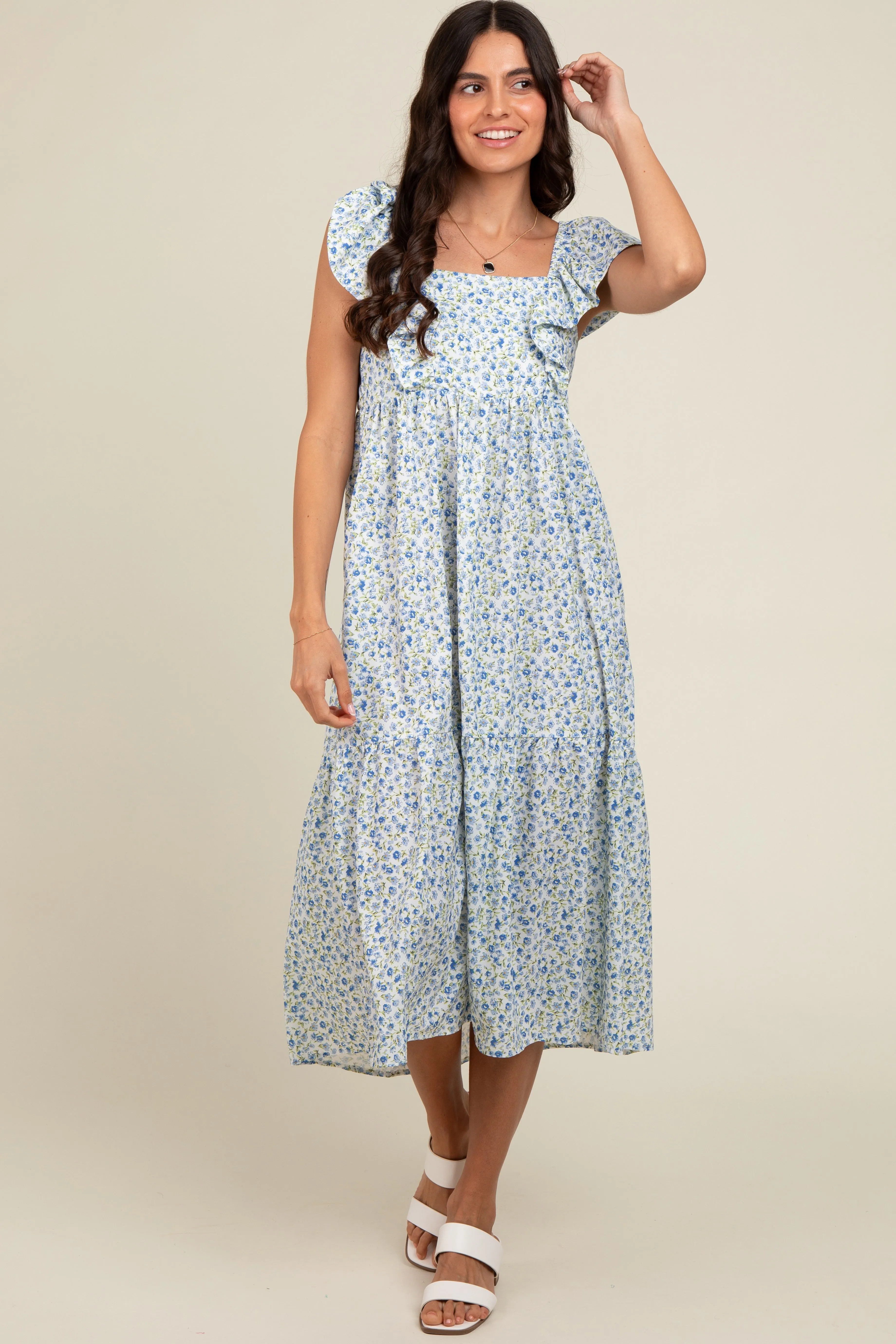 Blue Floral Ruffle Off Shoulder Midi Dress sold by Pinkblush product image thumbnail 2