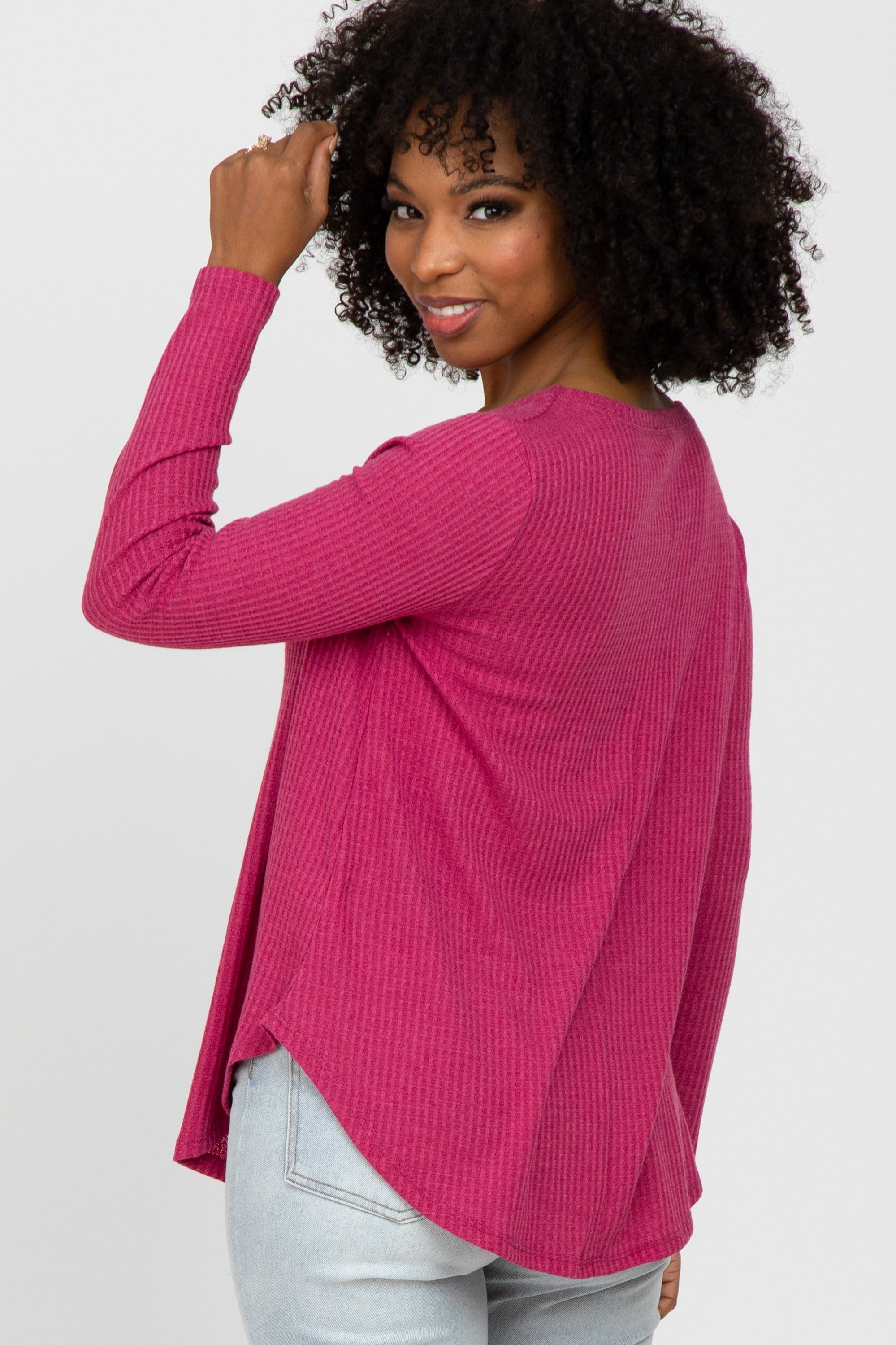 Fuchsia Basic Waffle Knit Long Sleeve Top sold by Pinkblush product image thumbnail 4