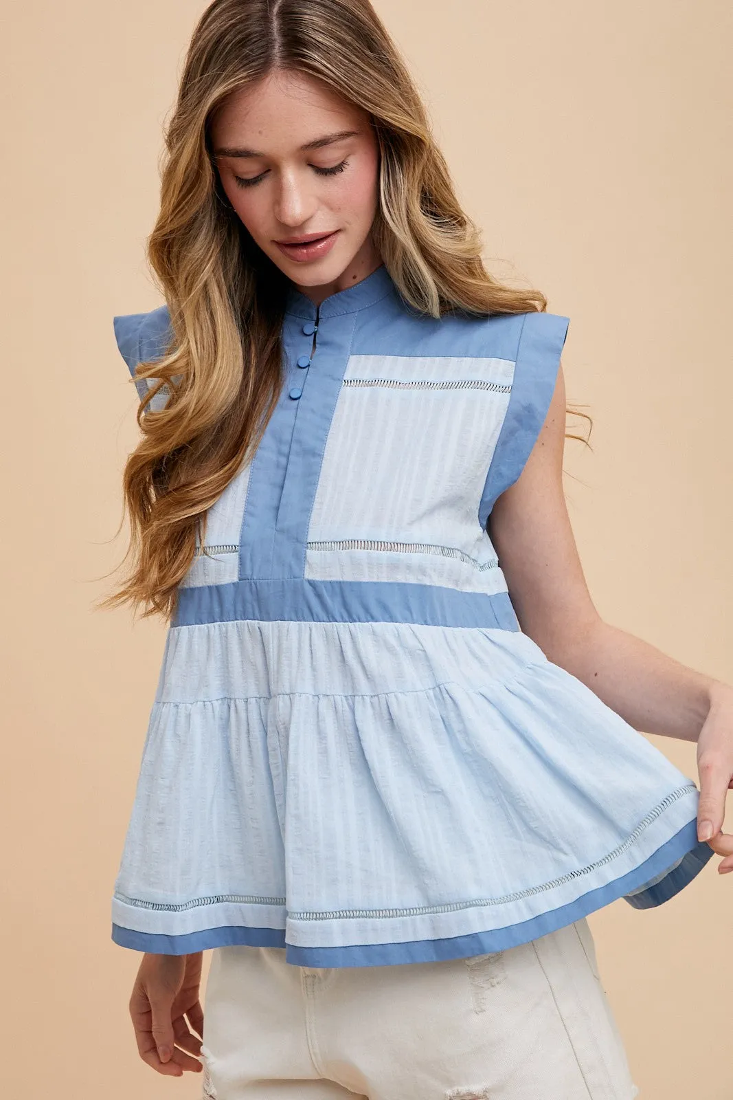 Blue Combo Contrast Trim Detail Button Front Woven Blouse Top sold by Pinkblush product image thumbnail 2