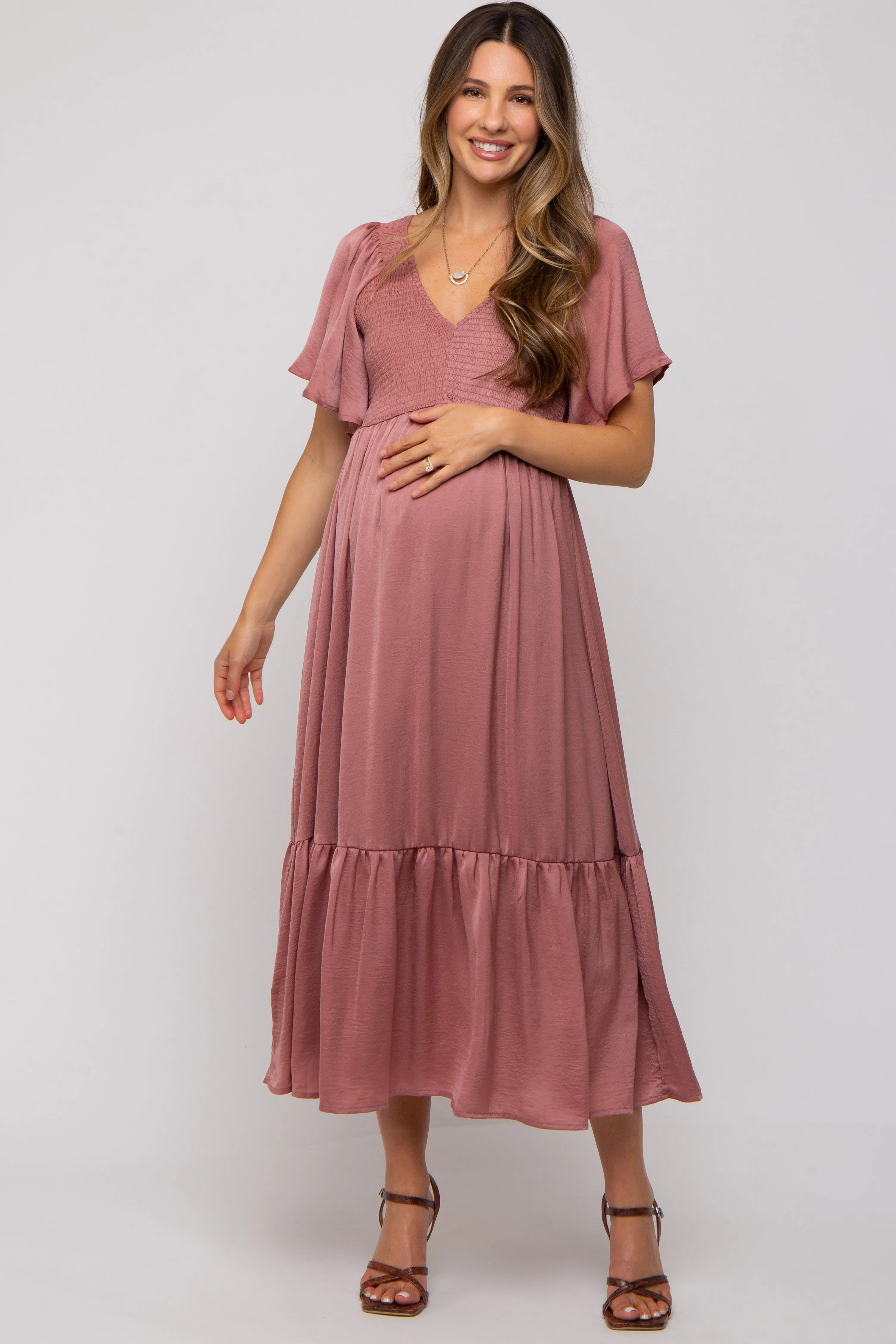 Pink Satin Smocked Maternity Midi Dress sold by Pinkblush