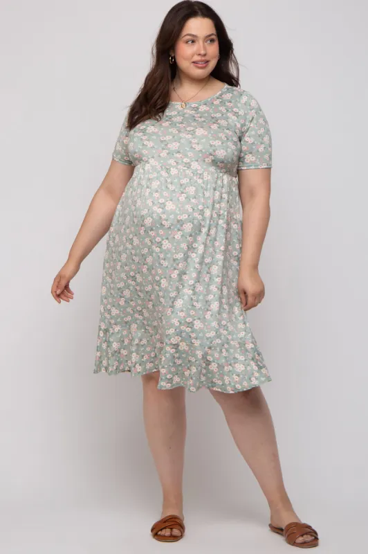 Light Olive Floral Knit Short Sleeve Maternity Plus Dress sold by Pinkblush