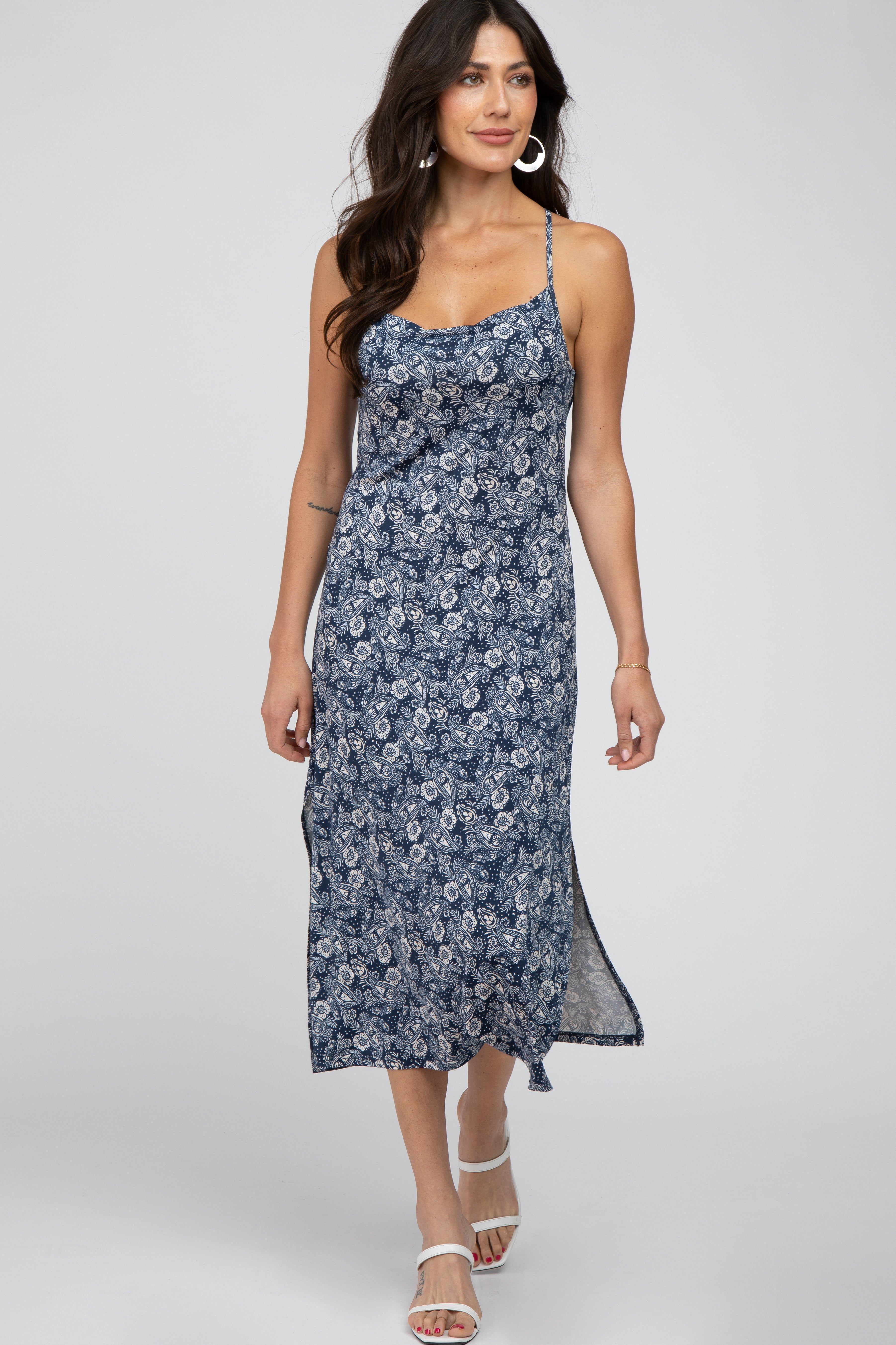 Navy Floral Paisley Side Slit Midi Dress sold by Pinkblush