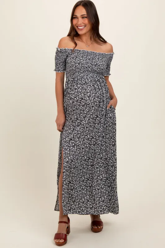 Black Floral Smocked Fitted Sleeve Side Slit Maternity Maxi Dress sold by Pinkblush