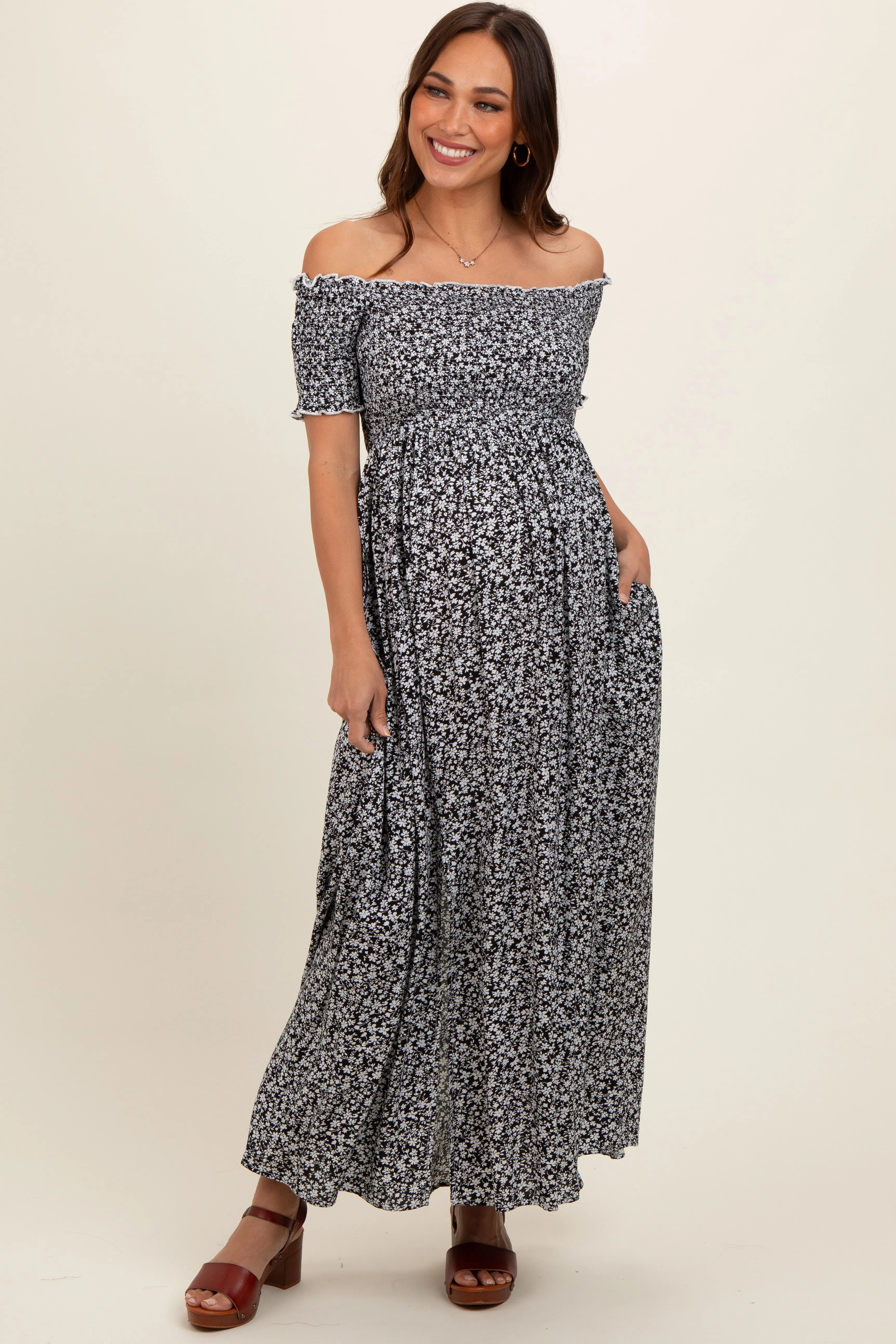 Black Floral Smocked Fitted Sleeve Side Slit Maternity Maxi Dress sold by Pinkblush product image thumbnail 2