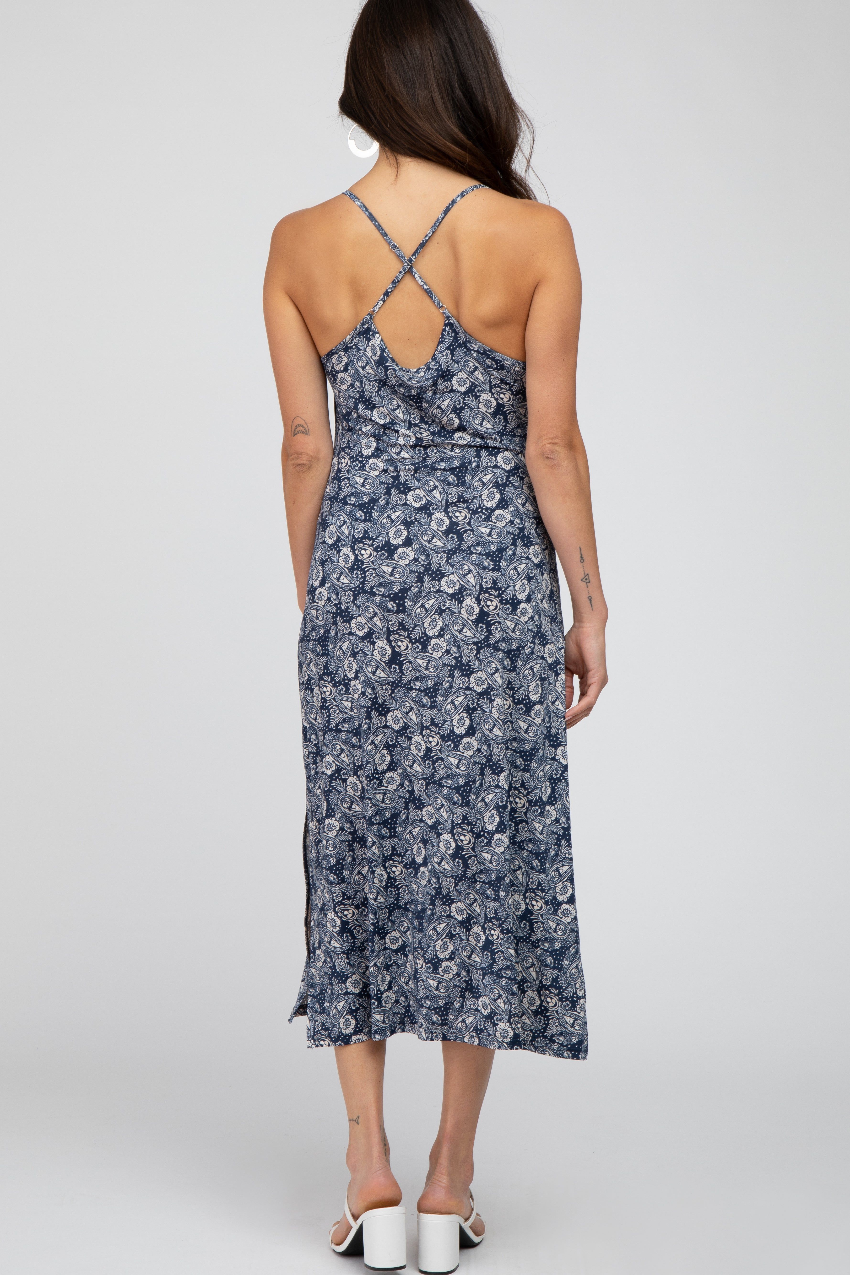 Navy Floral Paisley Side Slit Midi Dress sold by Pinkblush product image thumbnail 3