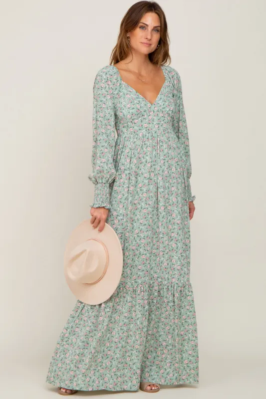 Mint Green Floral Long Sleeve Maxi Dress sold by Pinkblush