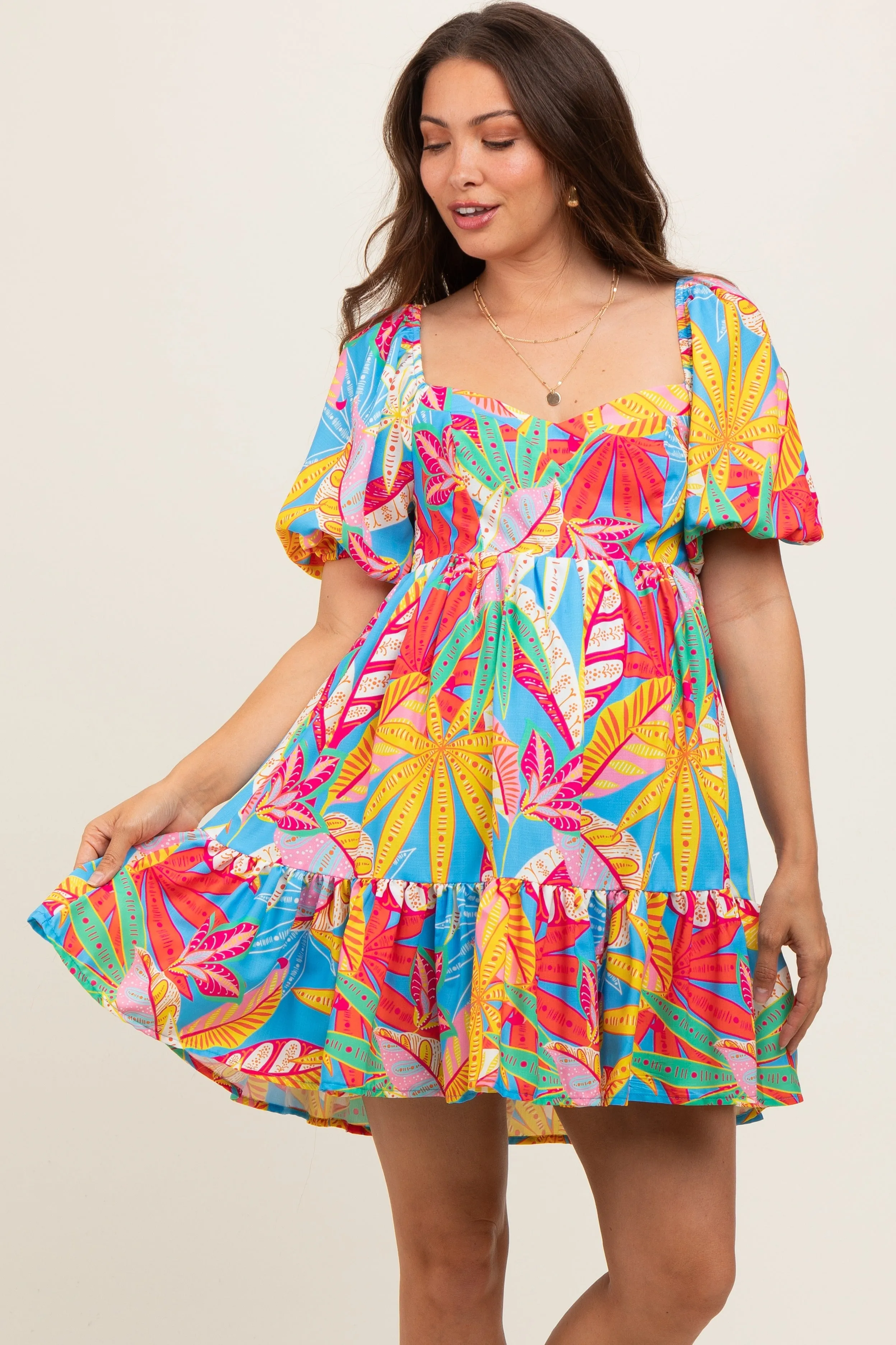 Blue Multicolor Print Puff Sleeve Maternity Dress sold by Pinkblush product image thumbnail 2