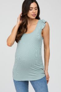 Mint Green Ribbed Ruffle Shoulder Maternity Tank Top sold by Pinkblush