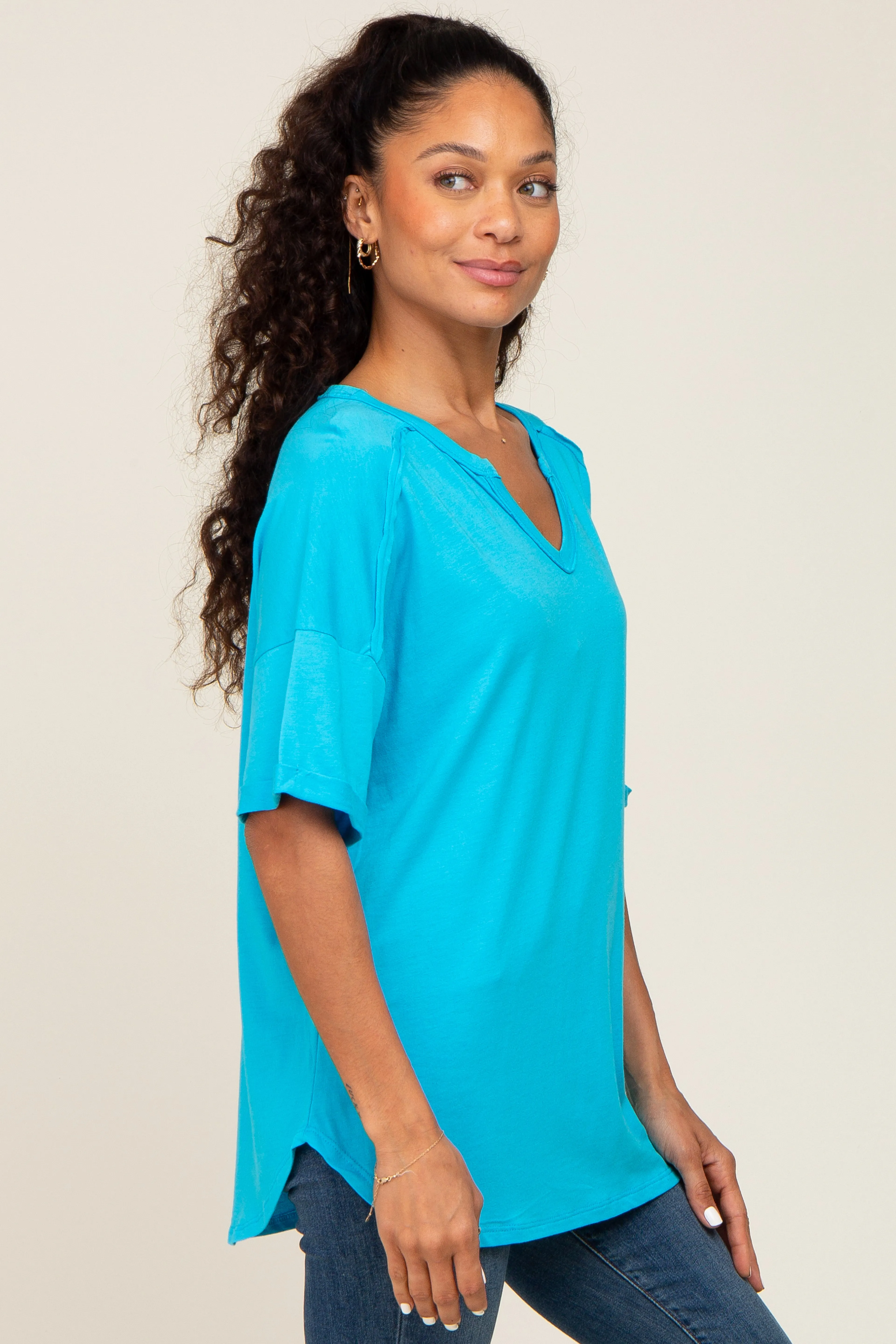 Aqua Oversized V-Neck Cuffed Short Sleeve Tee sold by Pinkblush product image thumbnail 2