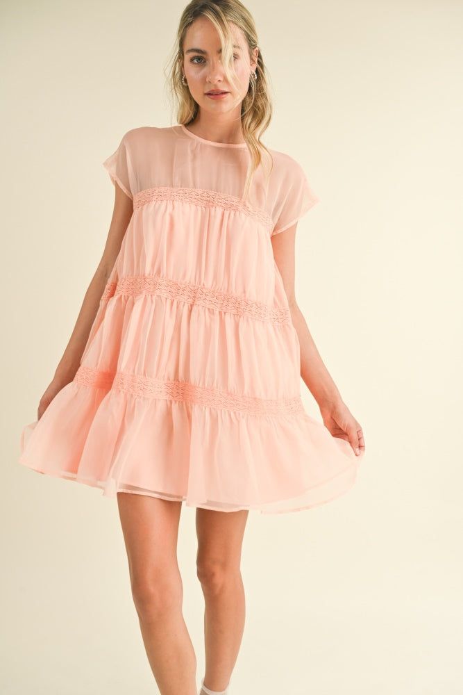 Blush Tiered Crochet Trim Mini Dress sold by Pinkblush