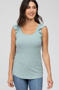 Mint Green Ribbed Ruffle Shoulder Maternity Tank Top sold by Pinkblush