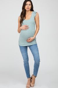 Mint Green Ribbed Ruffle Shoulder Maternity Tank Top sold by Pinkblush