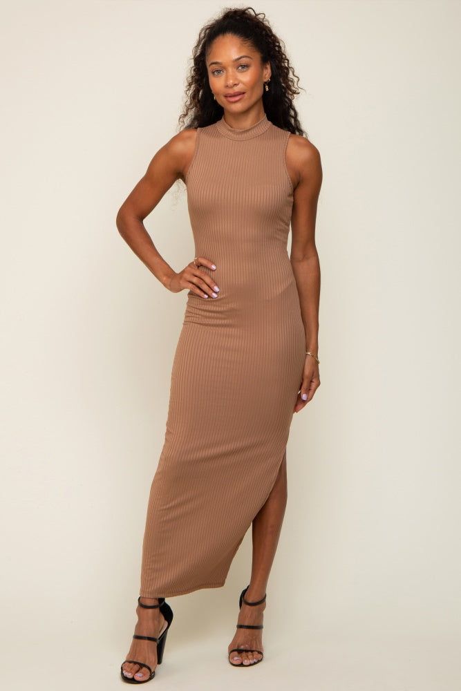 Taupe Ribbed Mock Neck Side Slit Maxi Dress sold by Pinkblush
