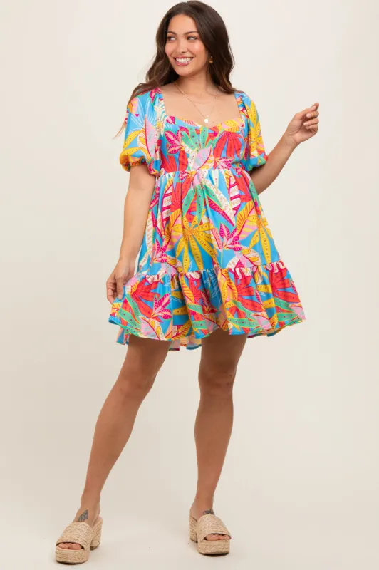 Blue Multicolor Print Puff Sleeve Maternity Dress sold by Pinkblush