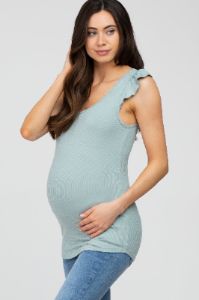 Mint Green Ribbed Ruffle Shoulder Maternity Tank Top sold by Pinkblush