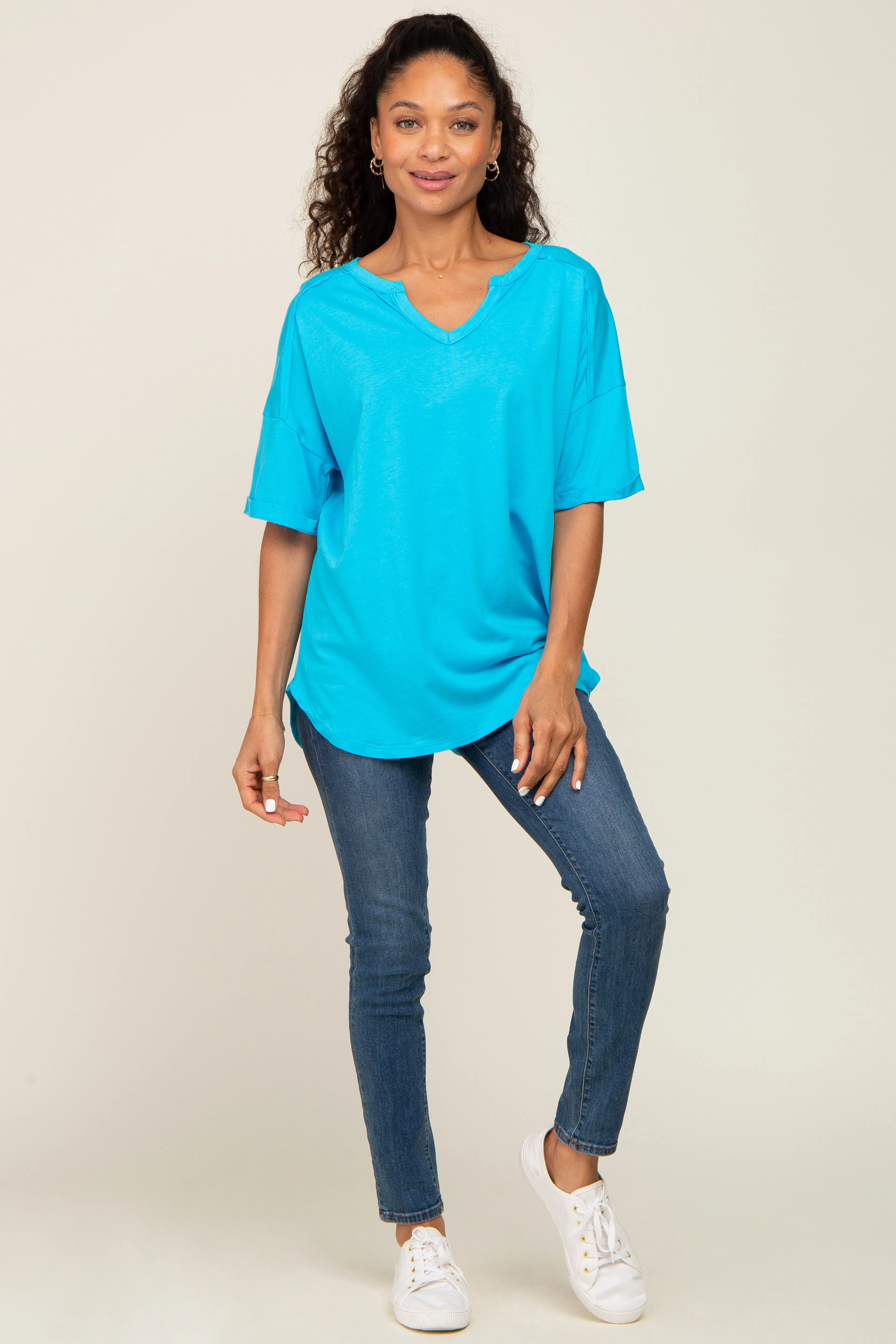 Aqua Oversized V-Neck Cuffed Short Sleeve Tee sold by Pinkblush product image thumbnail 4