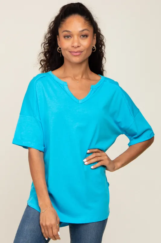 Aqua Oversized V-Neck Cuffed Short Sleeve Tee sold by Pinkblush