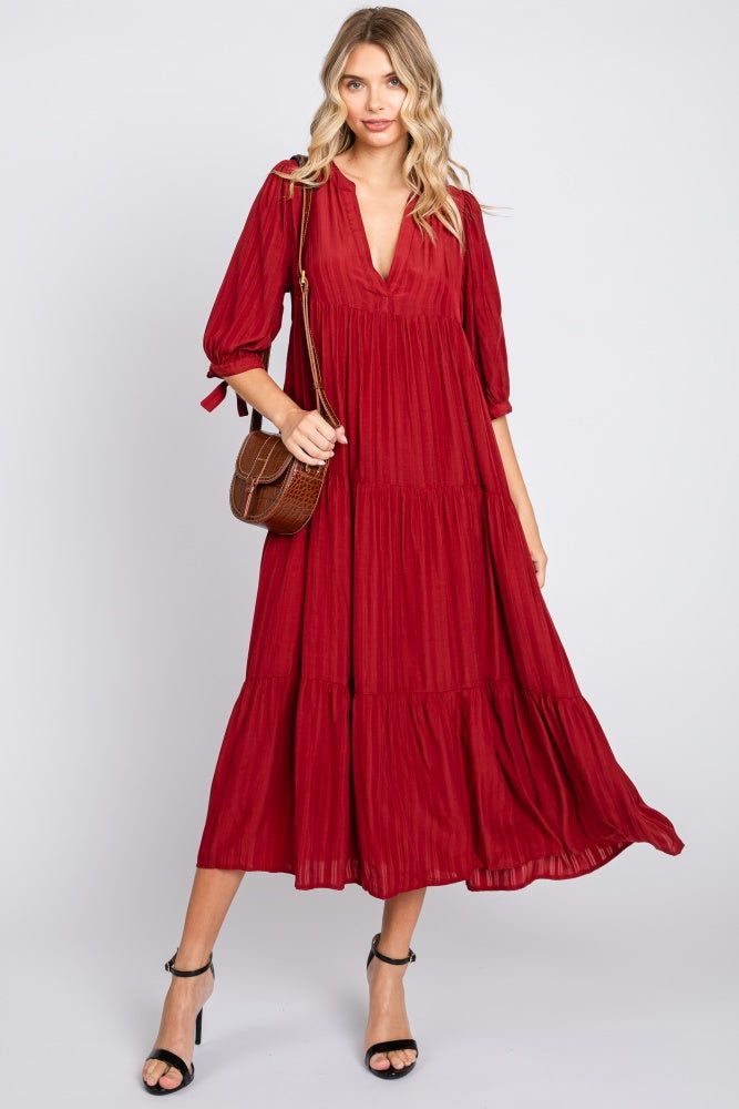 Burgundy Striped Tiered Midi Dress sold by Pinkblush