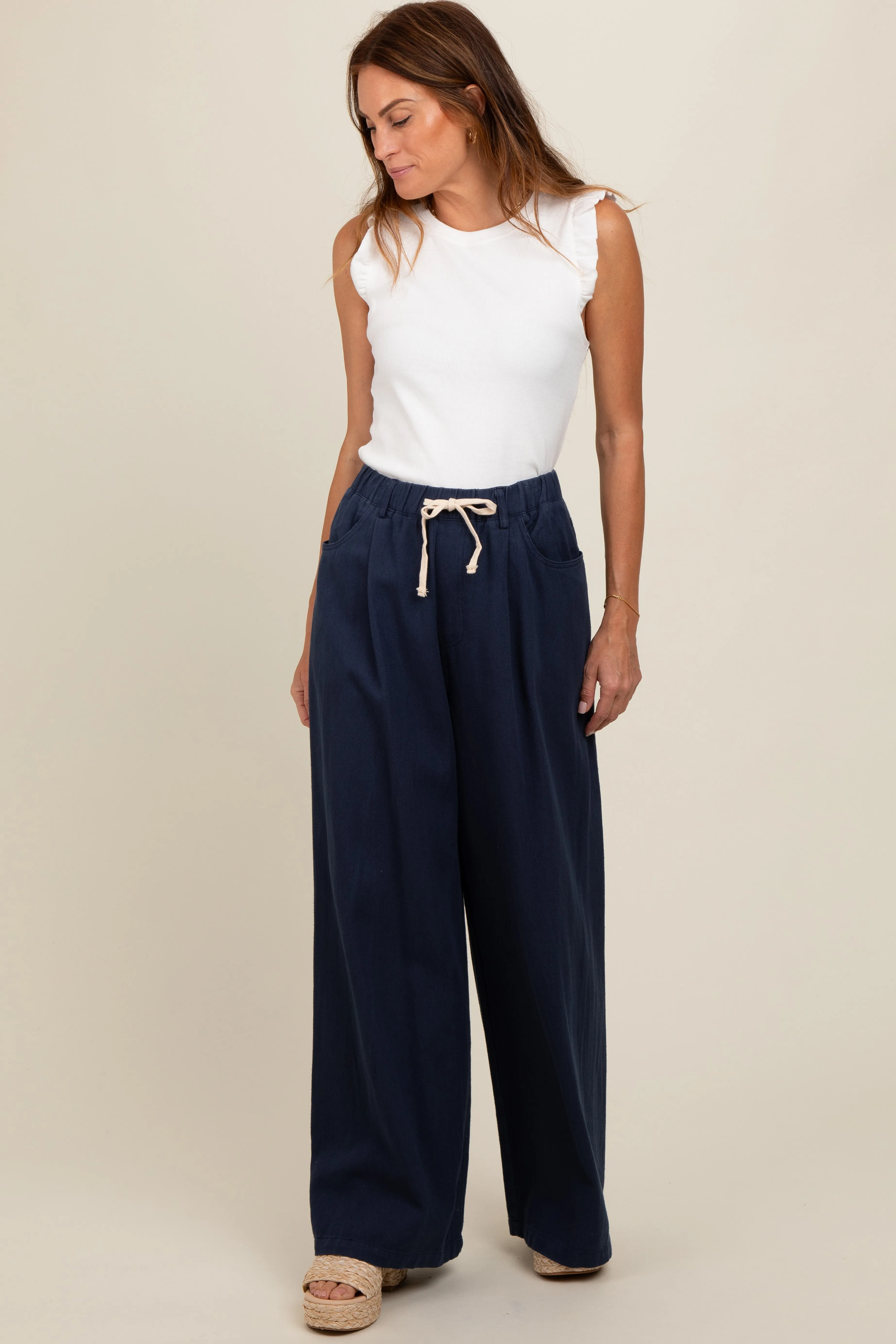 Navy Blue Drawstring Wide Leg Pants sold by Pinkblush