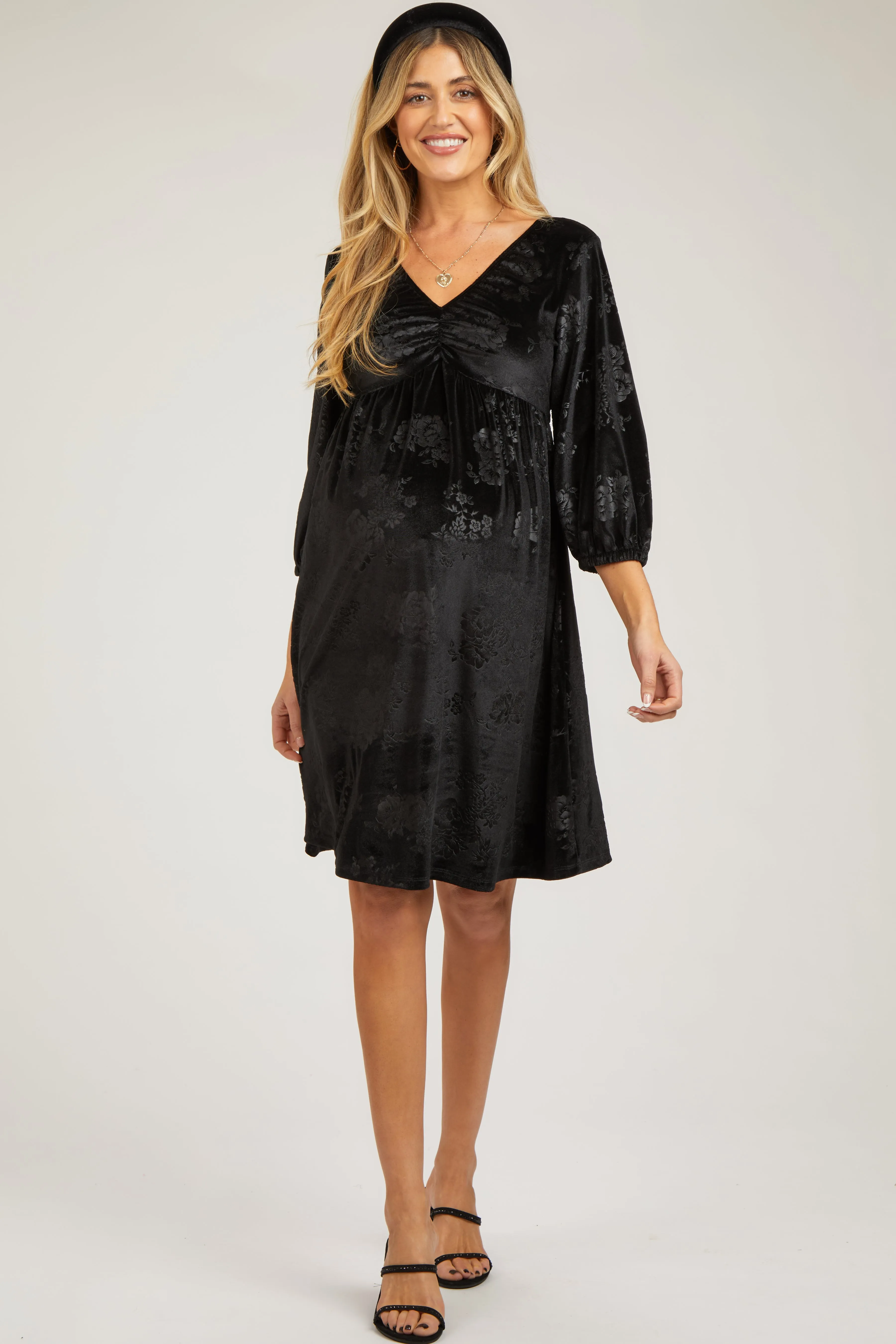 Black Velvet Floral Ruched Neck Maternity Dress sold by Pinkblush product image thumbnail 3