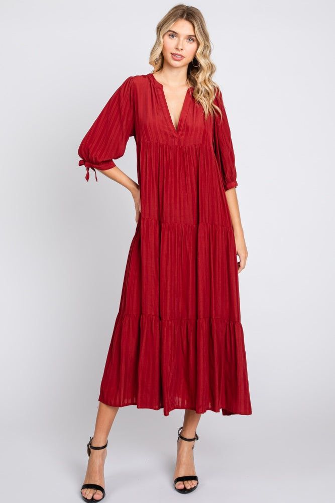 Burgundy Striped Tiered Midi Dress sold by Pinkblush product image thumbnail 2