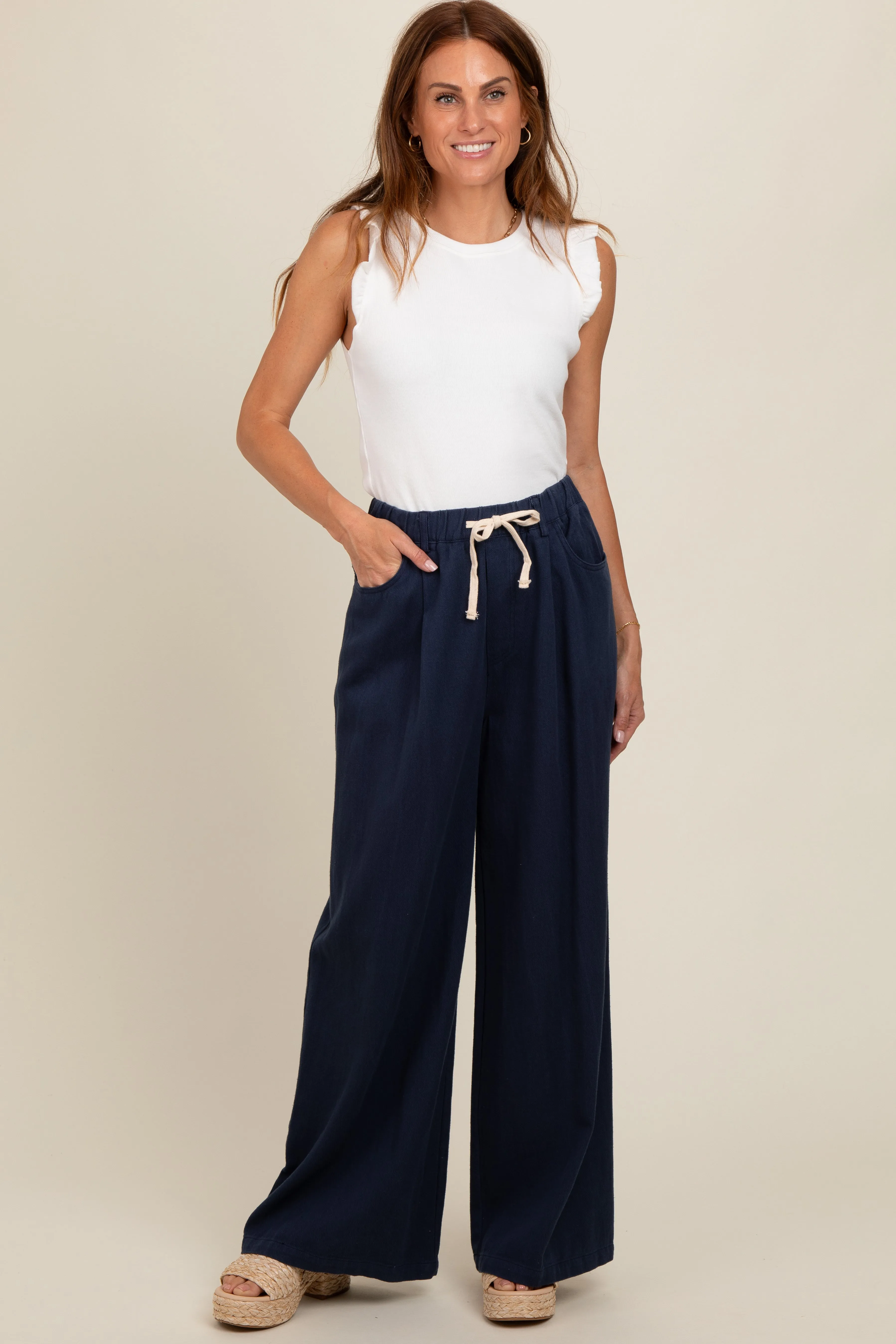 Navy Blue Drawstring Wide Leg Pants sold by Pinkblush product image thumbnail 2