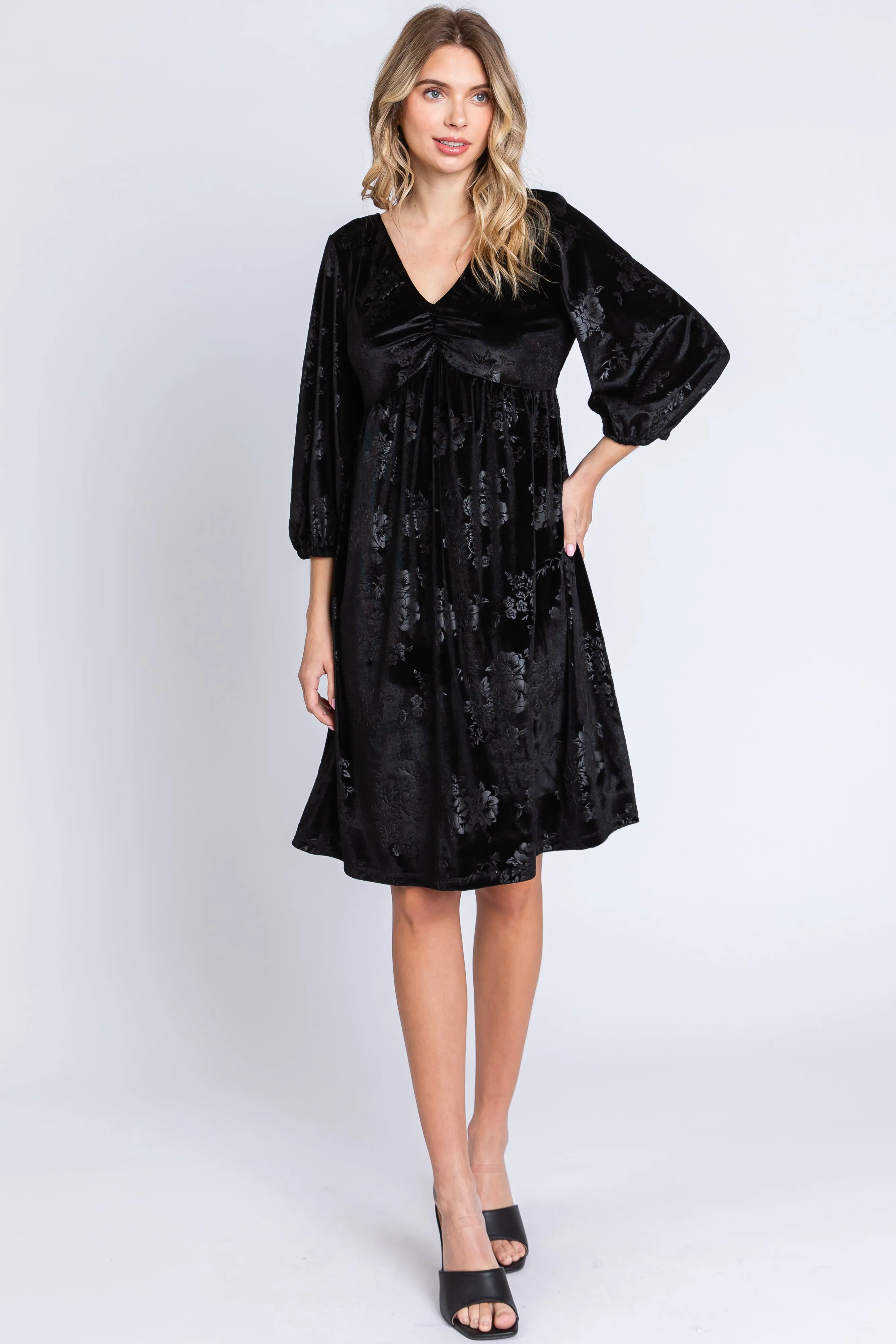 Black Velvet Floral Ruched Neck Maternity Dress sold by Pinkblush product image thumbnail 4
